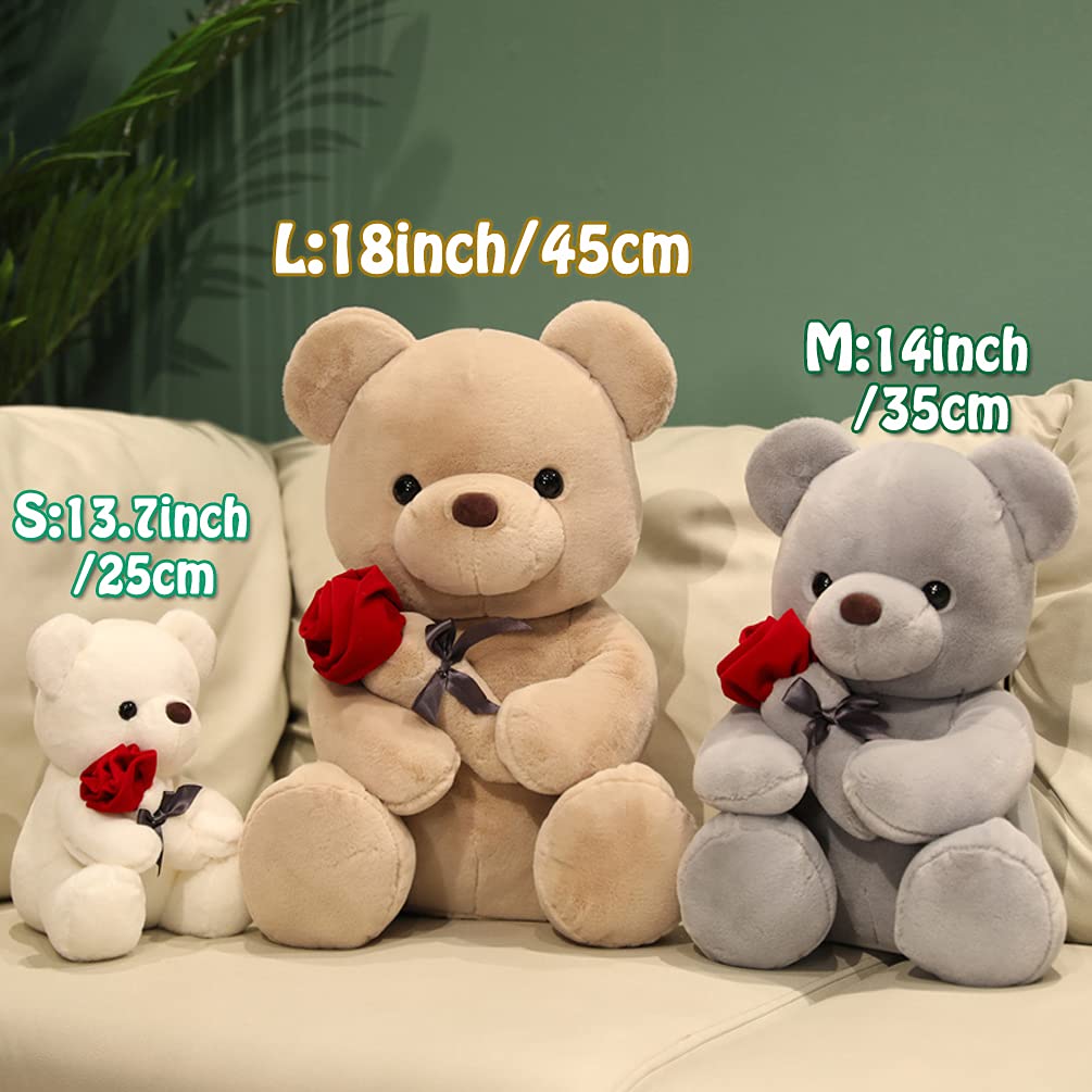Cute White Teddy Bear Plush Stuffed Animal with Rose - 13.7 Inch Soft Rose Bear Gift for Valentine's Day, Birthday, Christmas | Perfect Present for Girlfriend, Kids, Loved Ones | Ideal for Bedroom Decor, Nursery, Romantic Surprises