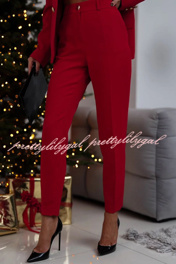 Stylish Women's Lapel Button Pocket Long Sleeve Blazer with Elastic Waist Pants Suit Set - Perfect for Office Wear, Business Meetings, and Formal Occasions