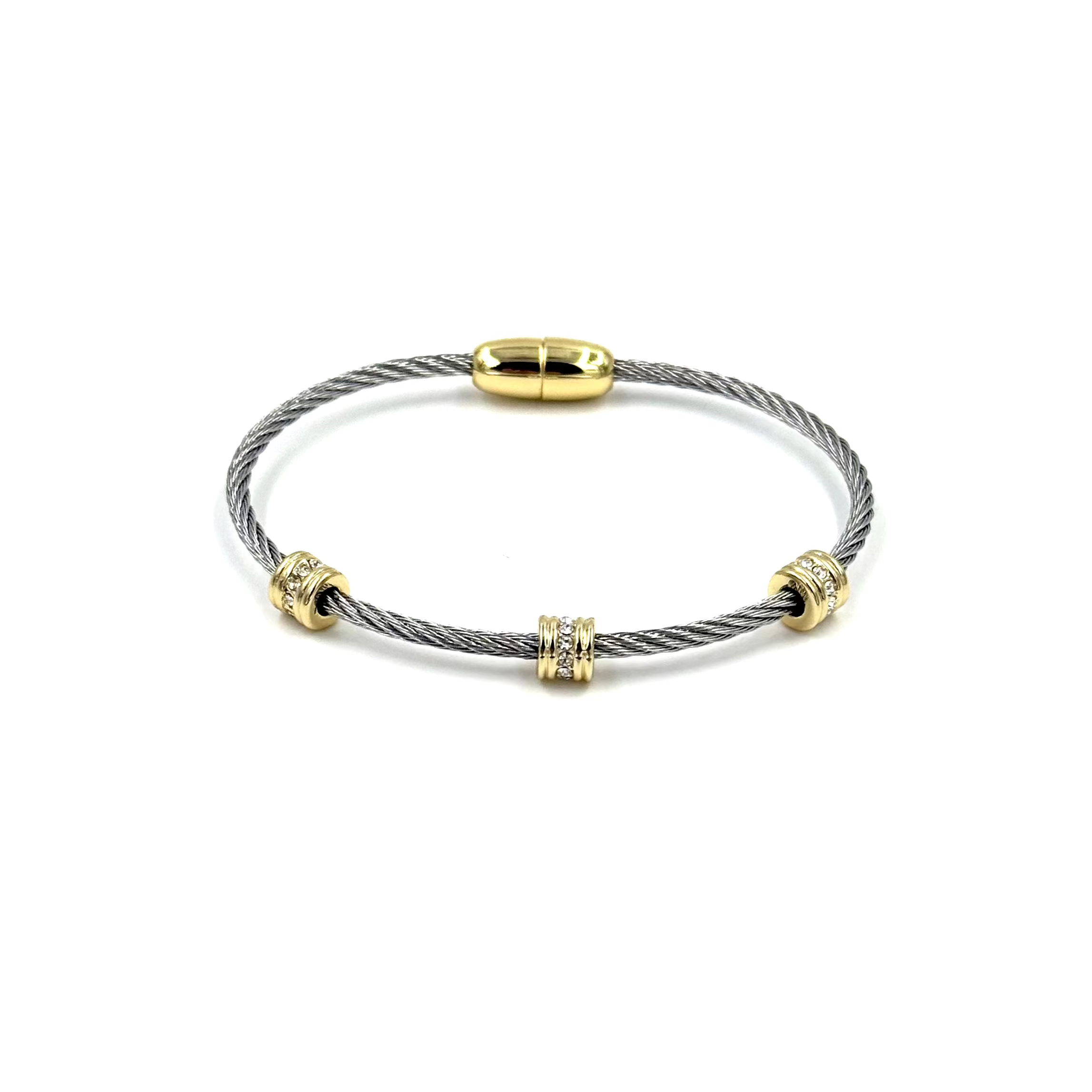 Ashley Gold Stainless Steel Two-Tone Triple Bar CZ Magnetic Clasp Bangle Bracelet for Women | Elegant Jewelry Gift for Birthday, Anniversary & Special Occasions