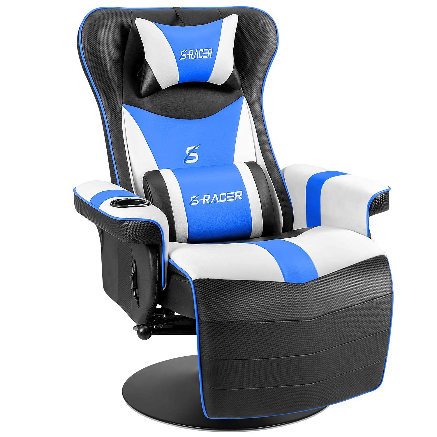 Furniwell Racing Style Gaming Chair - Ergonomic High Back Recliner with Adjustable Backrest & Footrest, Swivel Computer Chair for Gamers w/Cup Holder (Blue/White) - Perfect for PC Gaming, Console Gaming & Home Office Setup