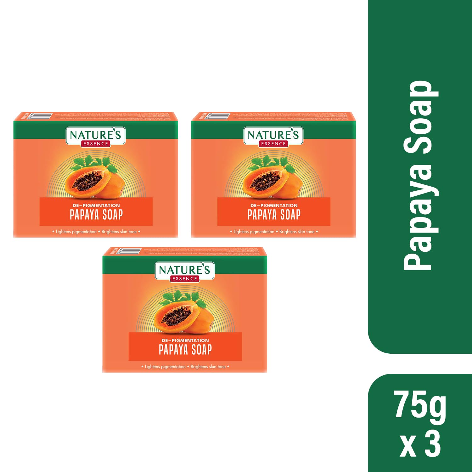 NATURES ESSENCE De-Pigmentation Papaya Soap for Skin Brightening & Even Tone - 225g (Pack of 3) | Gentle Exfoliating Bath Soap for Dark Spots, Acne & Hyperpigmentation | Perfect for Daily Skincare Routine & Glowing Complexion