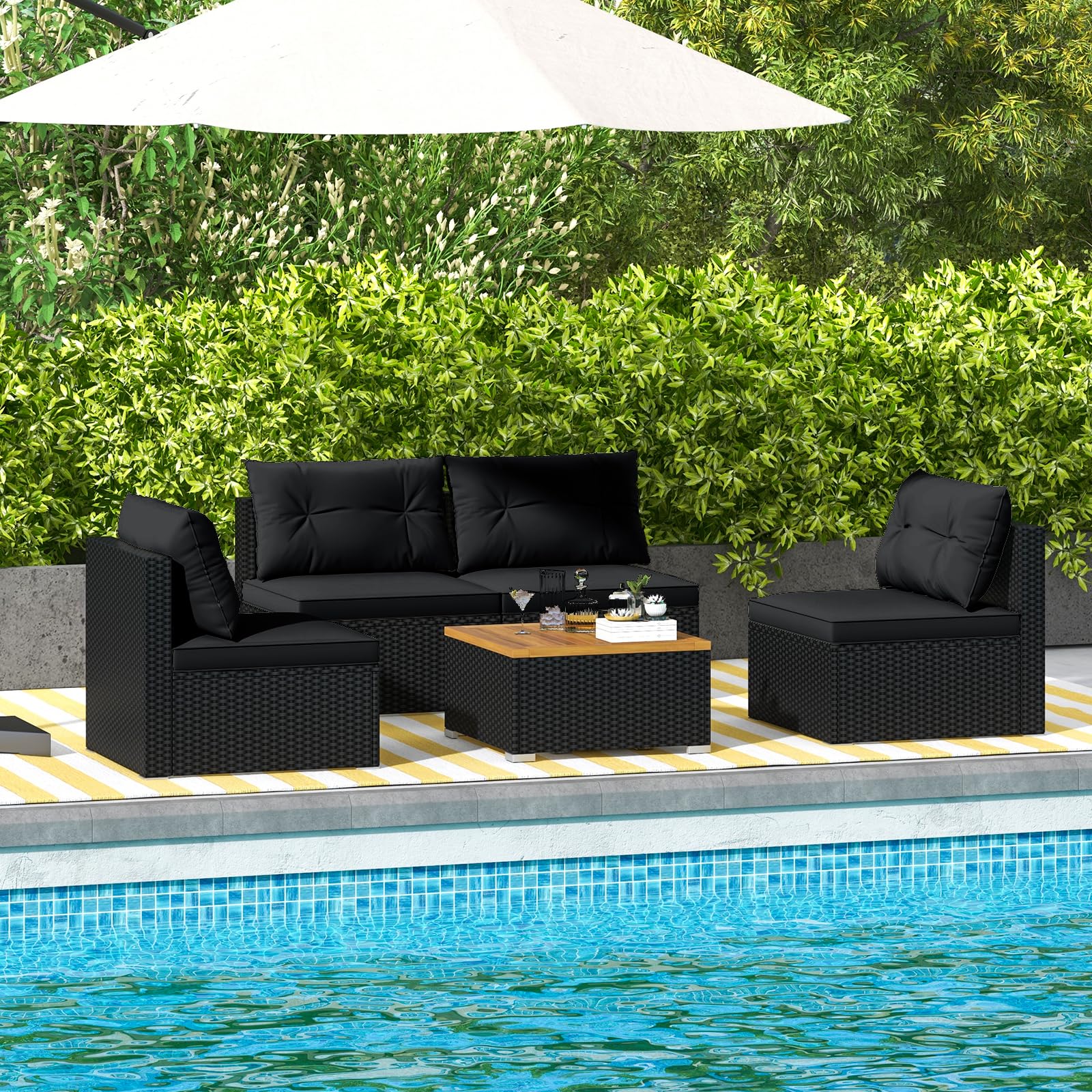 Tangkula 5-Piece Outdoor Rattan Sofa Set with Cushions & Square Coffee Table - Patio Furniture for Backyard, Poolside, Garden (Black) | Perfect for Relaxing, Entertaining & Outdoor Gatherings