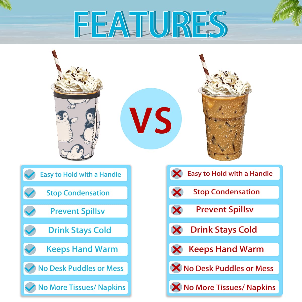 Eco-Friendly Reusable Neoprene Coffee Cup Sleeve - Cute Dancing Penguin Design, Insulated Holder for 16oz Hot/Cold Drinks (Coffee, Latte, Soda) - Perfect for Office, Travel & Outdoor Activities