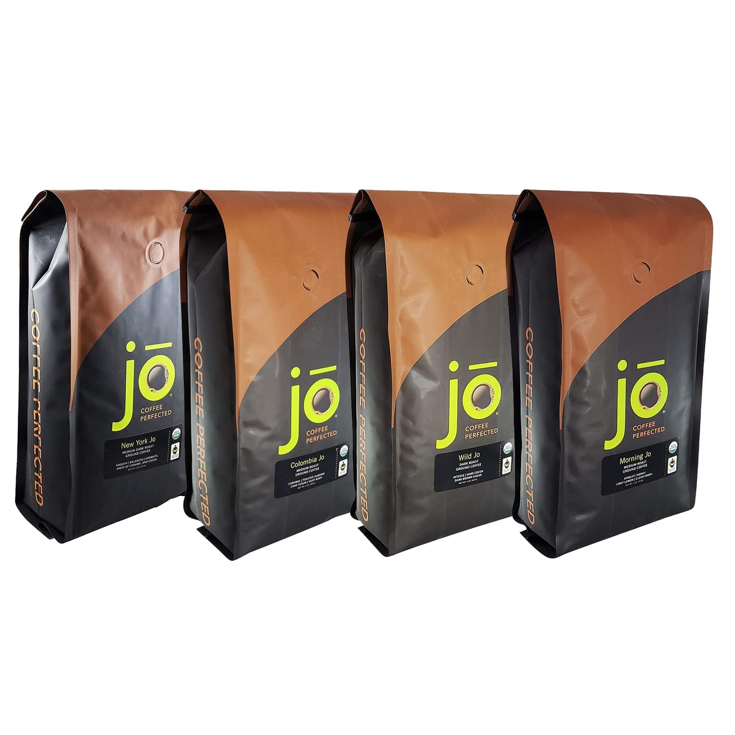 JO COFFEE Premium Ground Coffee Bundle - Morning Breakfast Blend, Dark French Roast, Medium Colombia Roast & NY Signature Blend (2lb Each) | USDA Organic, Fair Trade Certified, Gluten-Free | Perfect for Home Brewing, Office Use & Gifts