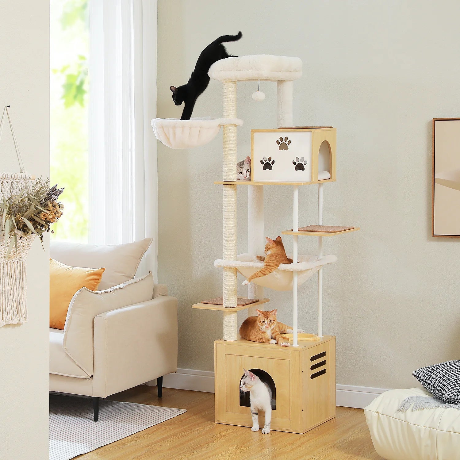 190cm Tall Wooden Cat Tree Tower with Feeding Bowls - Multi-Level Cat Condo & Scratching Post for Large Cats, Beige | Perfect for Indoor Play, Climbing & Relaxation in Living Room or Bedroom