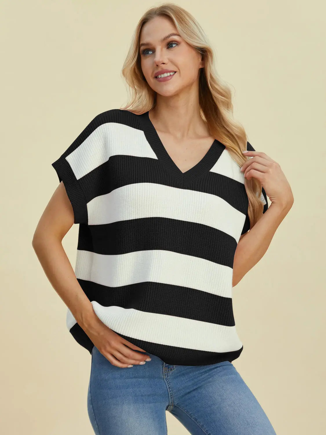 Double Take Full Size Striped V Neck Short Sleeve Sweater for Women - Soft Knit Pullover Casual Top for Spring & Summer Outfits | Office Wear, Date Night, Weekend Brunch