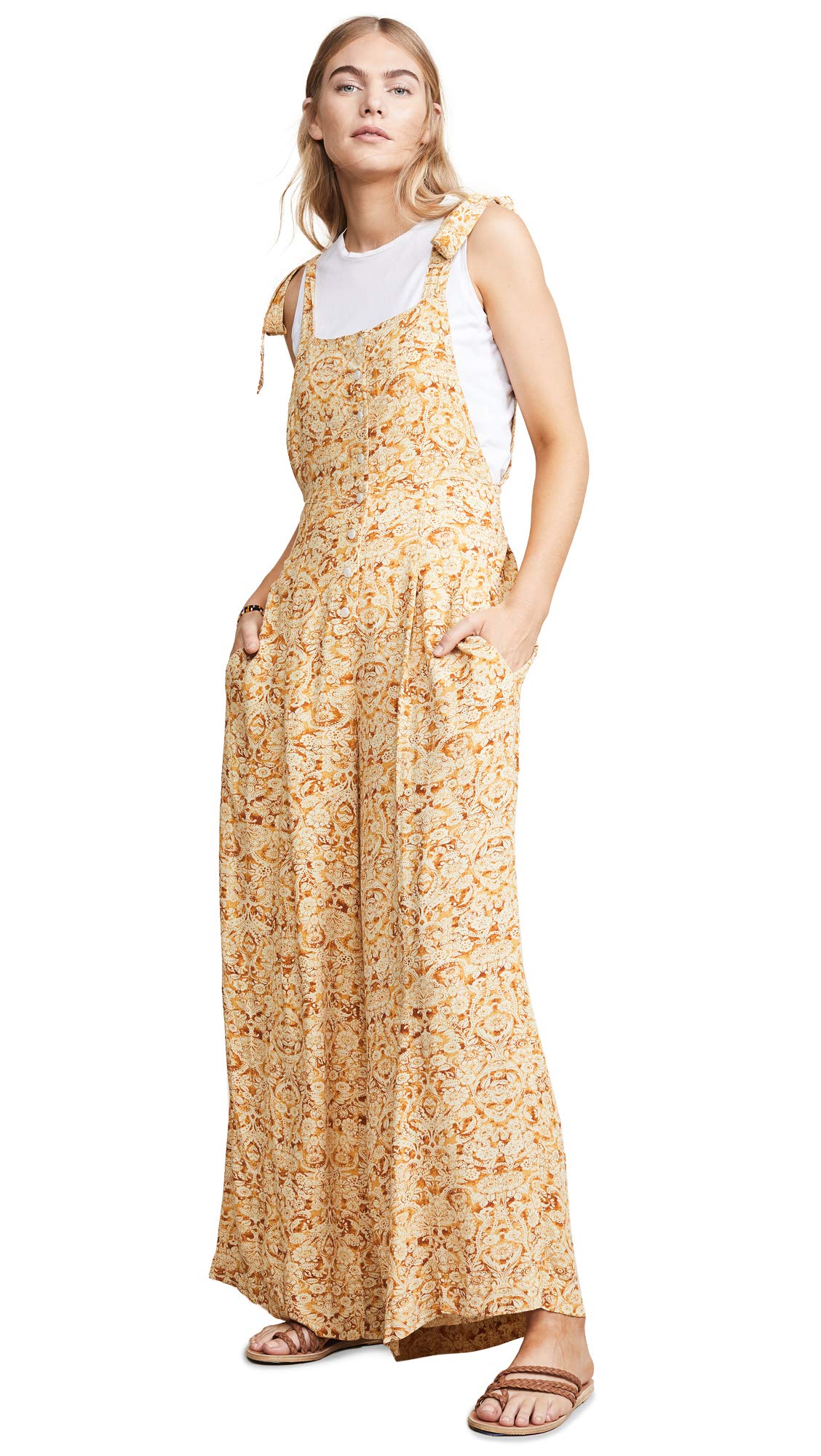 Free People Women's Sugar Sands Jumpsuit - Camel Combo Tan Floral Print Romper (Size Small) | Boho Chic Beachwear for Summer Vacations & Music Festivals
