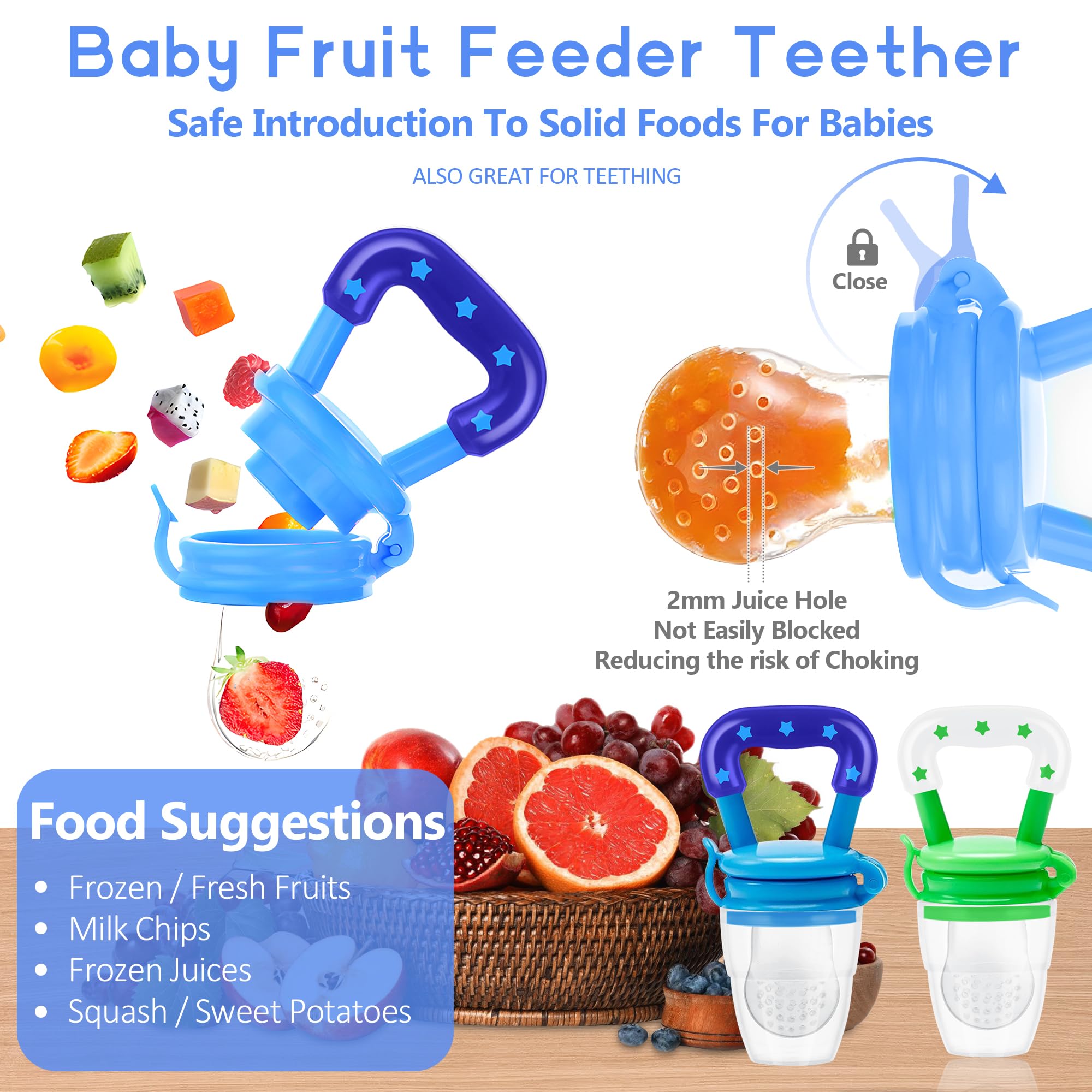 WAJIAYON Baby Fruit Feeder Pacifier - 5 Pack | 2 Silicone Baby Fruit Feeders & 1 Food Dispensing Spoon | Fresh Fruit Teether for Infants | BPA-Free Mesh Feeder for Teething Relief (Blue & Green) | Perfect for On-the-Go Snacking & Soothing Sore Gums