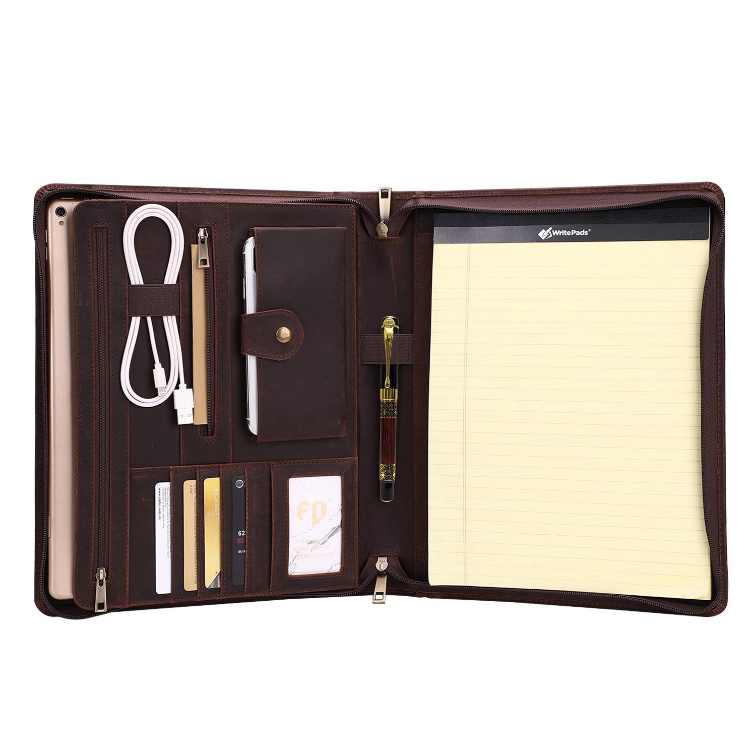 Premium Handmade Genuine Crazy Horse Leather Portfolio for Men & Women - Zippered Business Document Organizer with Notepad Holder for Resume, Tablet, Files | Perfect for Business Trips, Interviews & Professional Meetings