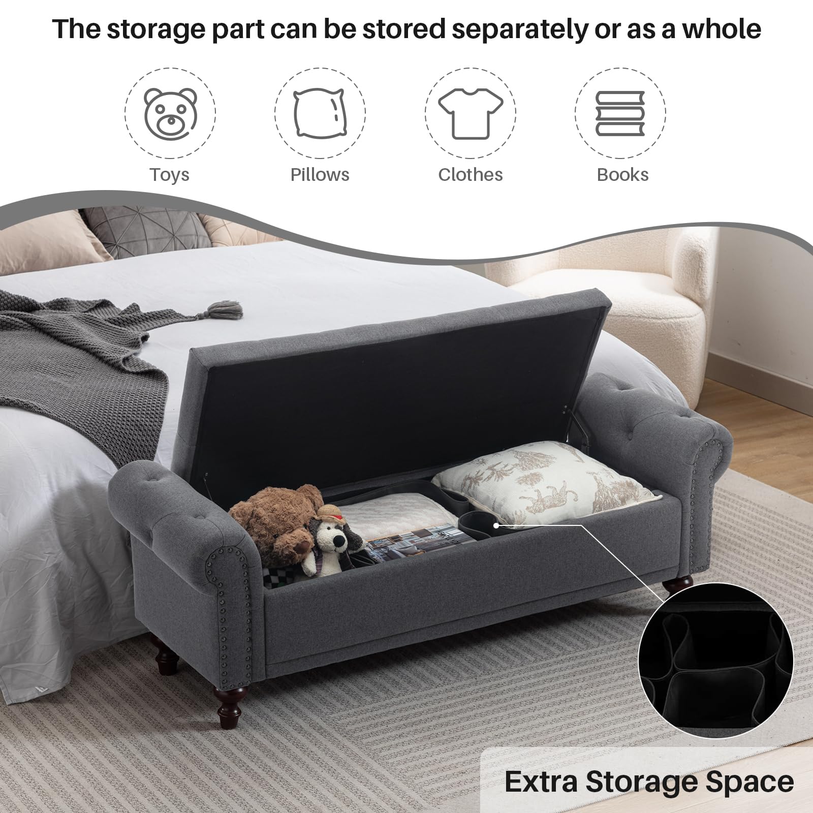 Upholstered Linen Storage Bench with Tufted Cushion & Rolled Arms - Large Ottoman for Bedroom, Living Room, Entryway - Grey Storage Seat Perfect for Reading Nook & Extra Seating