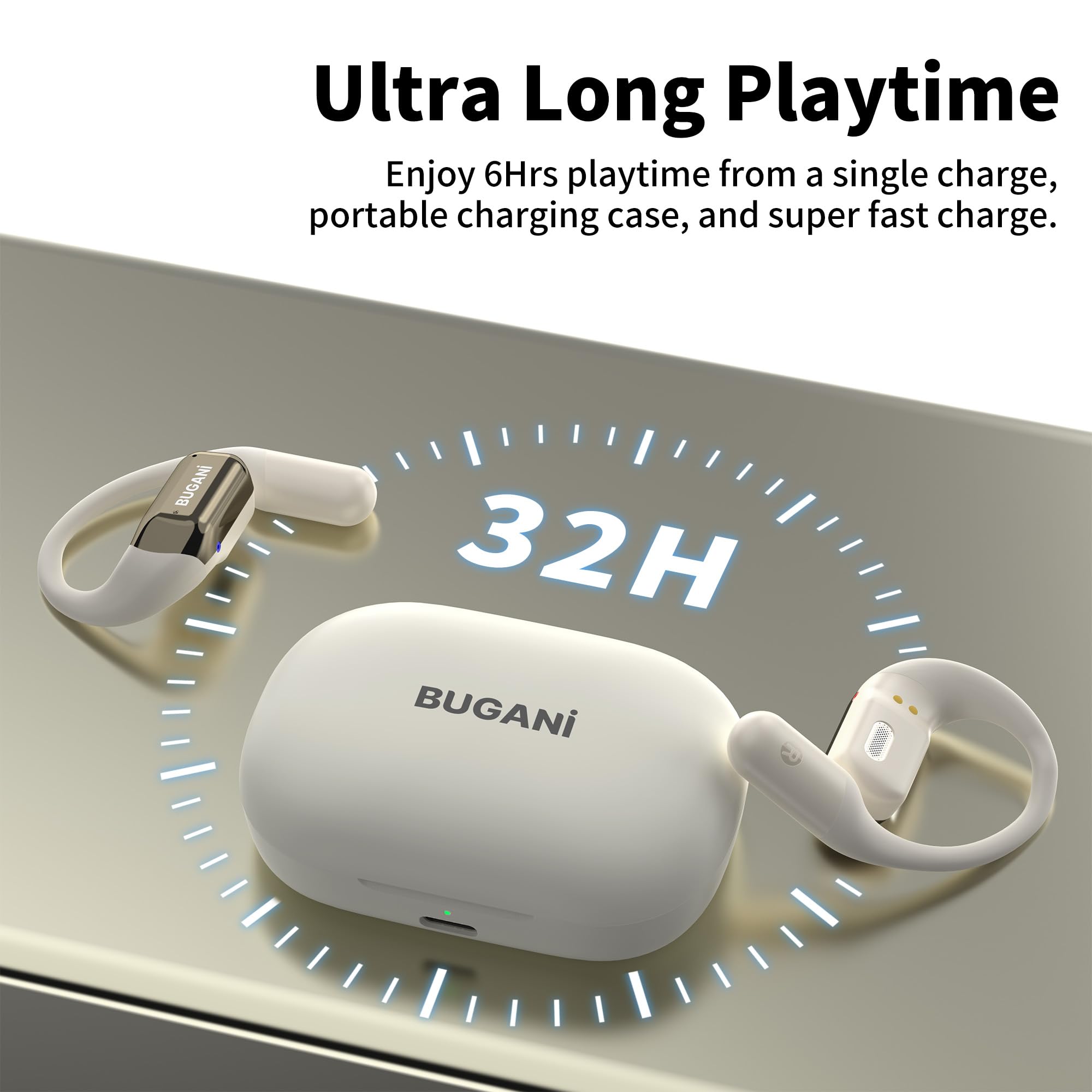 BUGANI Open Ear Bluetooth 5.2 Wireless Headphones with Microphone - ENC Clear Call, 32H Playtime, IPX5 Waterproof, Lightweight Sport Earbuds for Running, Cycling, Gym & Outdoor Activities - Immersive Stereo Sound & Fast Charging