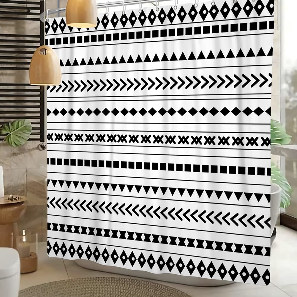 Boho Waterproof Shower Curtain - Black & White Geometric Pattern with Hooks, 72x96 Inch Bathroom Decor for Modern & Bohemian Style Homes | Perfect for Spa-Like Showers and Bathroom Makeovers