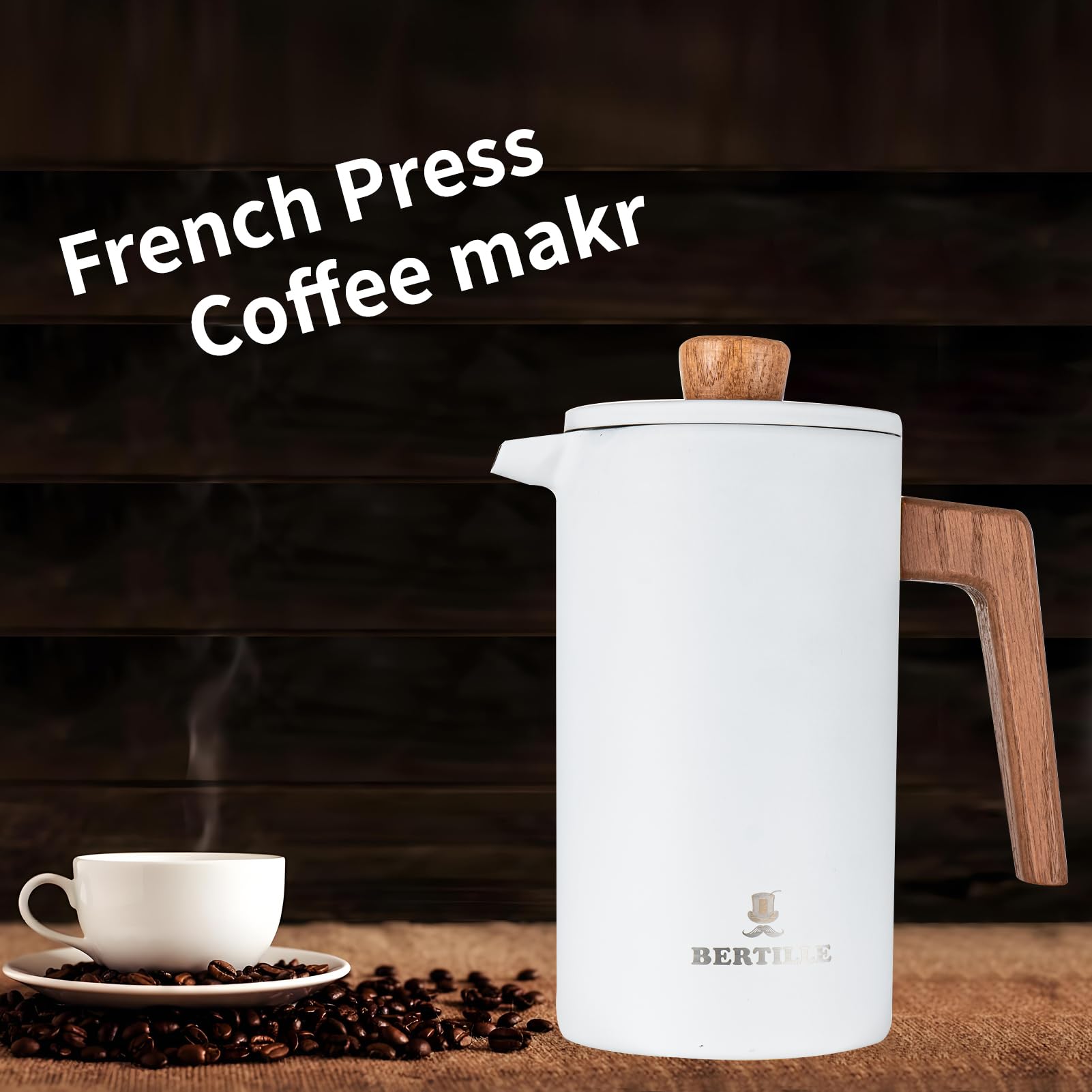 BERTILLE 34OZ French Press Coffee Maker - 304 Stainless Steel, Wood Handle, Double Insulation & 3-Layer Filter - Perfect for Home, Office & Camping (White)