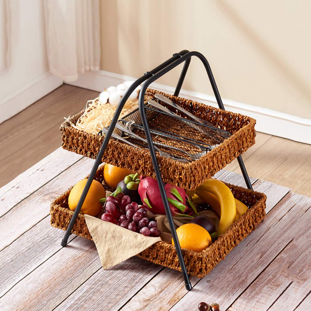2-Tier Rattan Weaving Fruit Basket with Metal Rack - Multi-Purpose Storage Organizer for Fruits, Vegetables, Groceries, Picnics & Home Decor - Perfect for Kitchen, Dining Table, Pantry Organization & Outdoor Gatherings