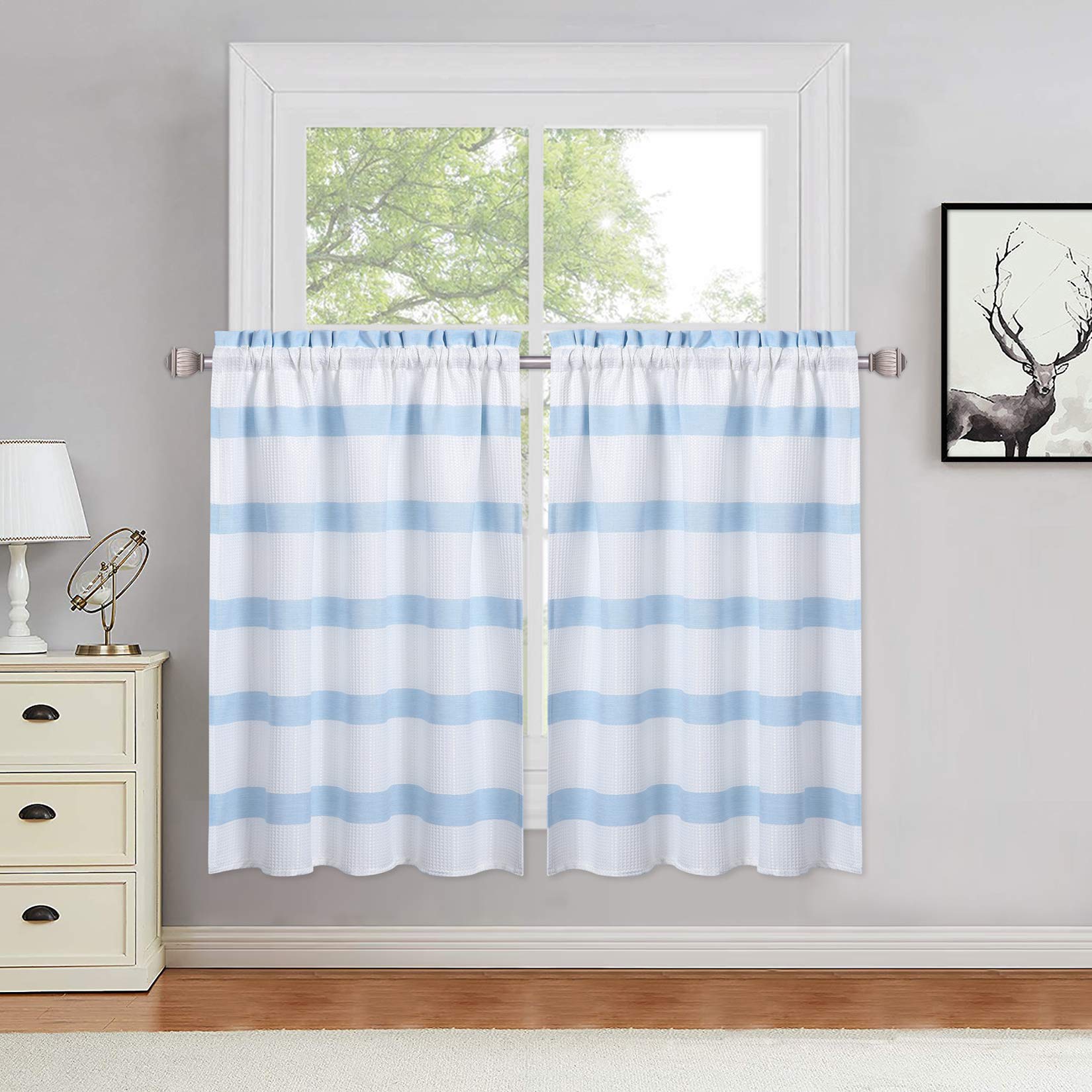 Stylish Yarn-Dyed Striped Tier Curtains for Kitchen & Bathroom Windows - Blue Waffle Weave Textured Cafe Curtains (30