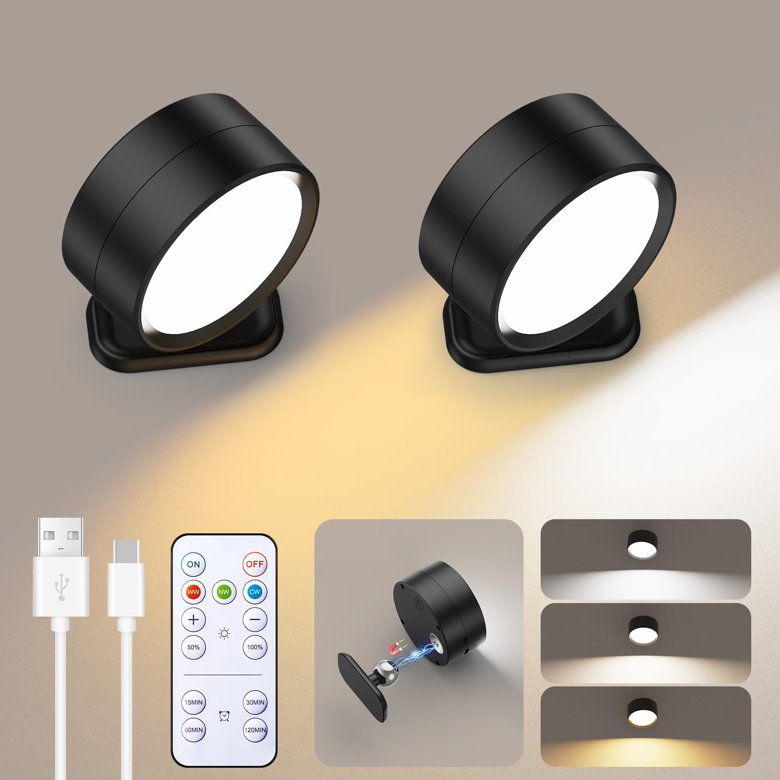 Brightown LED Magnetic Wall Sconce Lights - 2 Pack USB Rechargeable Dimmable Wall Mounted Lights with Remote Control, 3 Color Modes & 360° Rotation - Cordless Bedroom Wall Lamp for Hallway, Staircase & Closet (Black)
