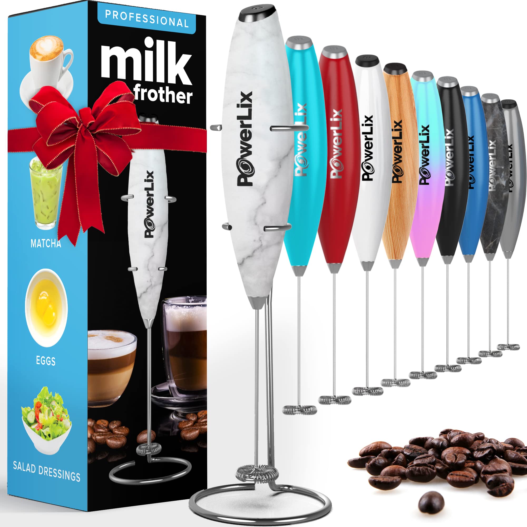 PowerLix Powerful Handheld Milk Frother - Battery Operated Foam Maker for Coffee, Latte & Cappuccino - Includes Stand (Black/White Marble) - Perfect for Home, Office & Coffee Shops