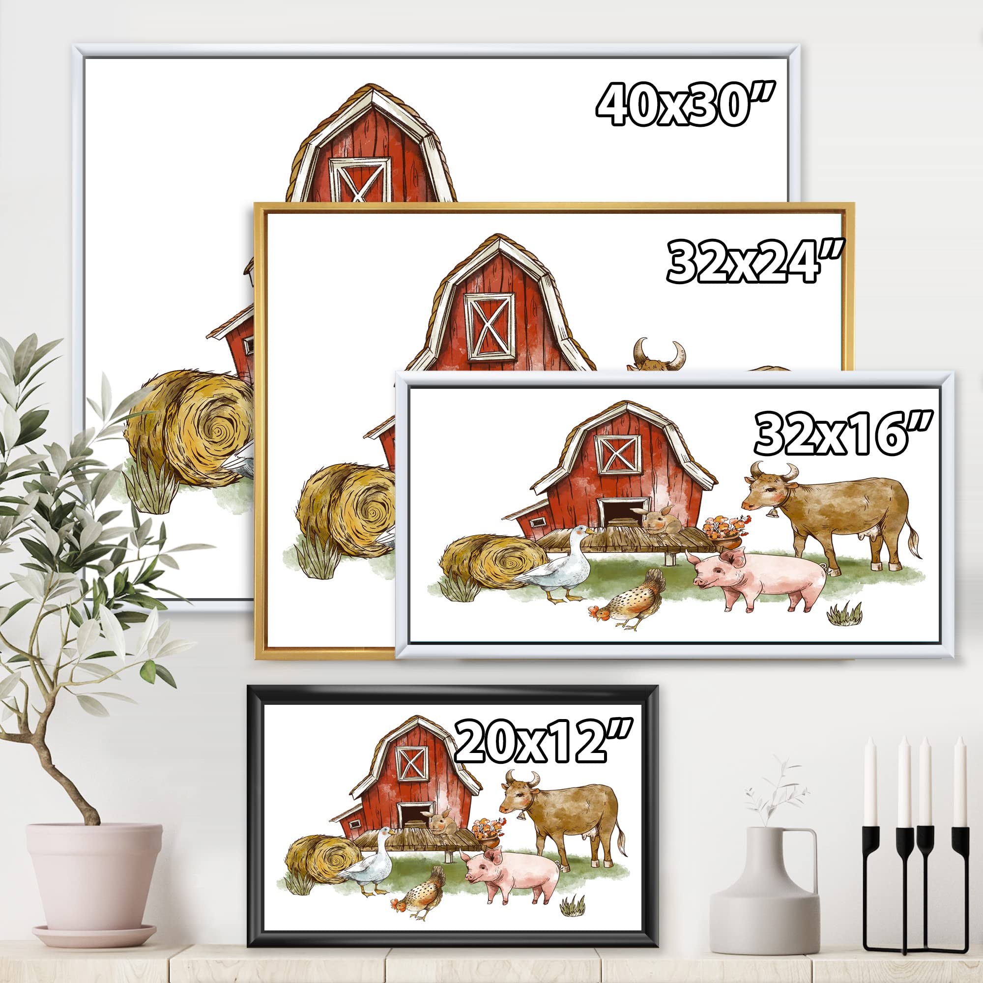 Farmhouse Animal Wall Art - Rustic Framed Canvas Print with Goose, Chicken, Cow, Pig & Haystack | Country Kitchen Decor, Living Room Wall Decor, Farmhouse Style Home Decor