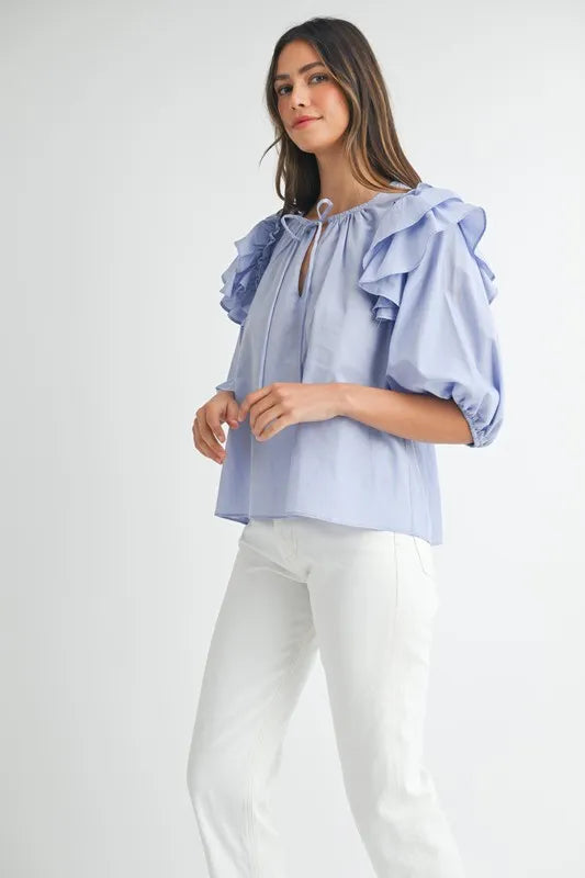 Elegant Ruffle Shoulder Puff Sleeve Resort Blouse for Women - Summer Vacation Beachwear & Boho Chic Outfit
