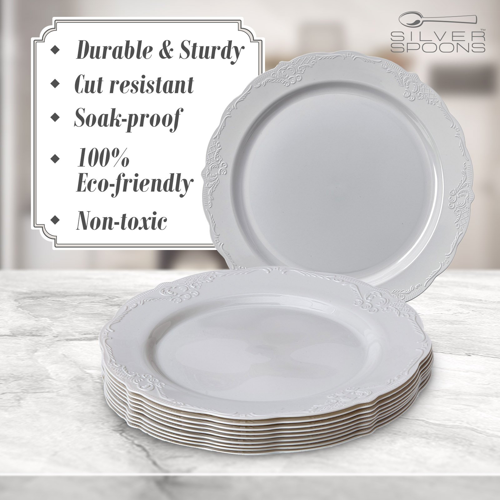 Vintage Silver Spoons Disposable Dinnerware Set - 20-Piece Grey Salad Plates for Parties, Picnics & Elegant Gatherings | Eco-Friendly Disposable Tableware