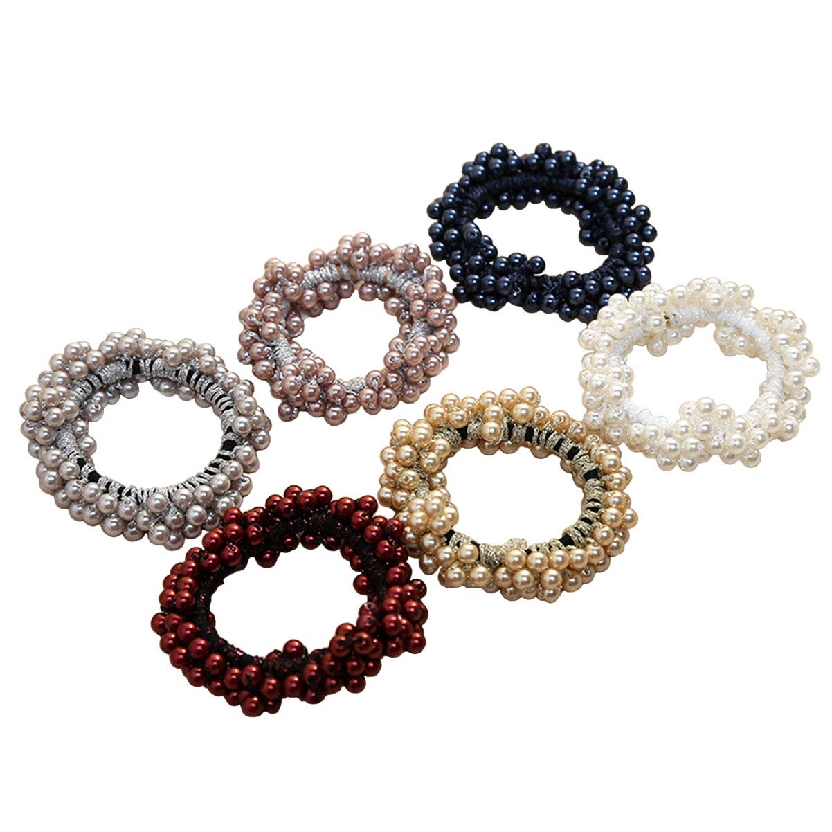 6 Pack Fashion Pearl Elastic Hair Ties - Women's Beaded Hair Bands, Ponytail Holders & Scrunchie Hair Accessories (Random Colors) for Work, Party & Everyday Styling
