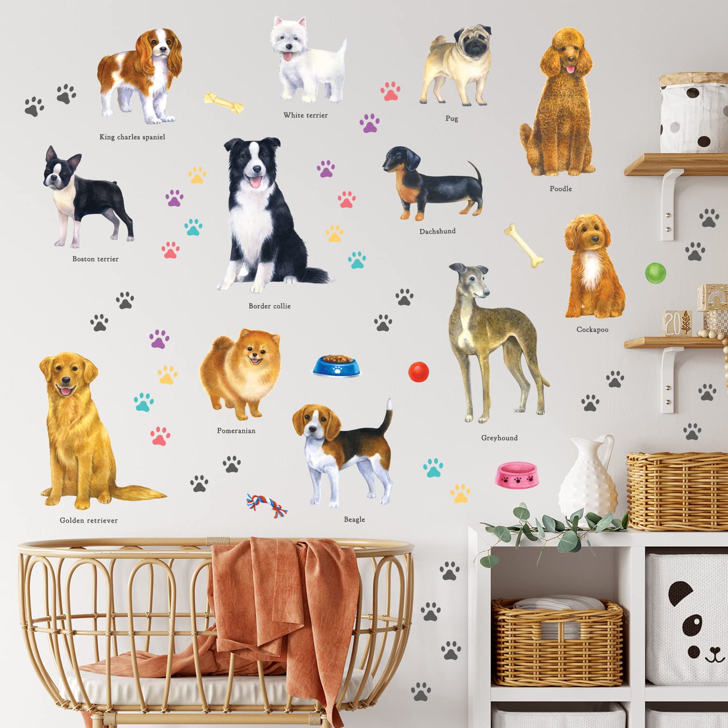 DECOWALL DS8-8045 Realistic 3D Dog Wall Stickers - Removable Peel & Stick Pet Animal Decals for Nursery, Kids Room Decor - Cute Puppy Prints Vinyl Poster (Perfect for Baby Boy/Girl Bedroom, Paw Patrol Theme, Pet Lover Home Decor)