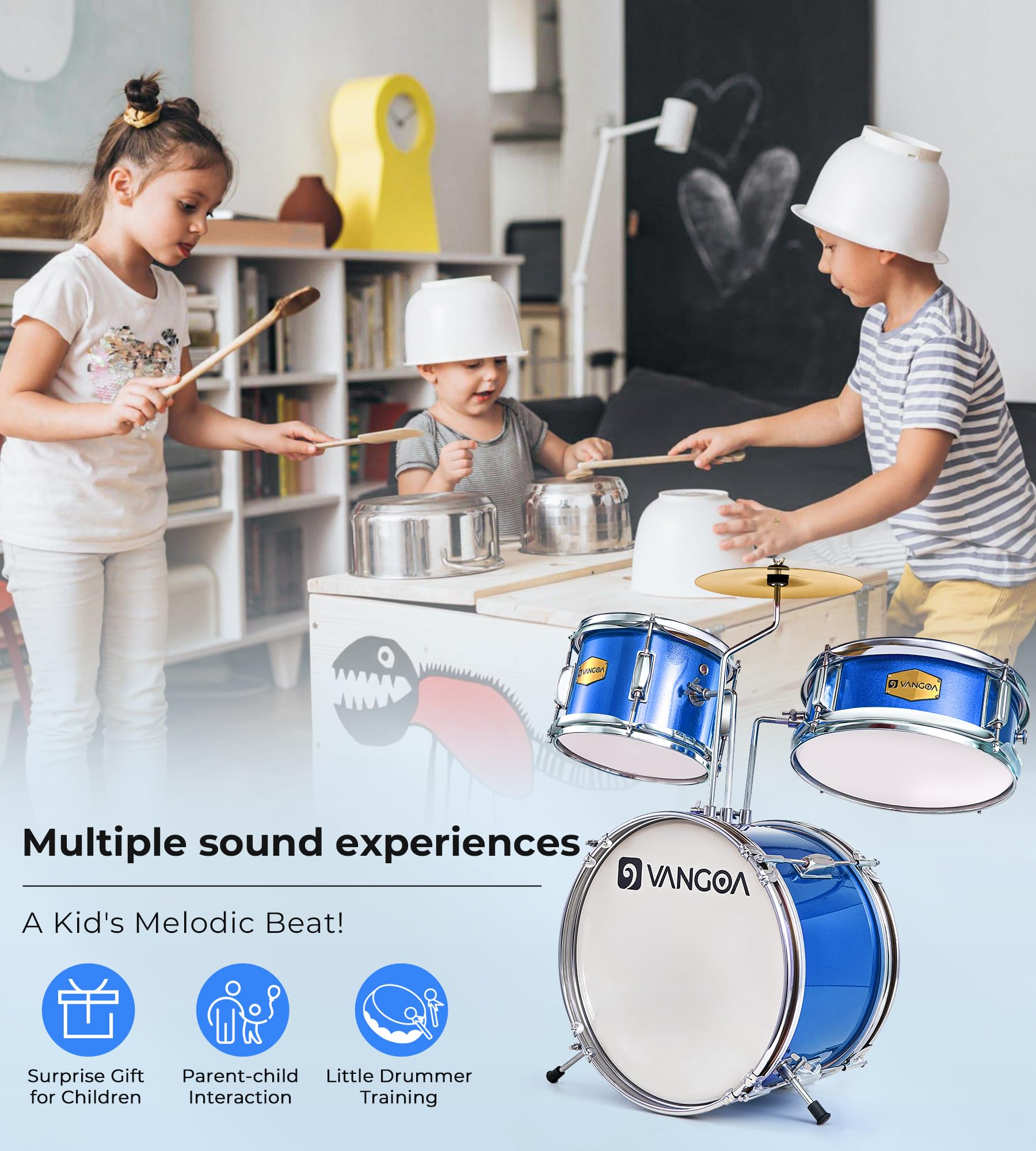**14 Inch Kids Drum Set - 3 Piece Beginner Drum Kit for Boys & Girls with Adjustable Throne, Cymbal Pedal & Drumsticks (Blue) - Perfect for Home Play, Birthday Gifts & Music Learning**