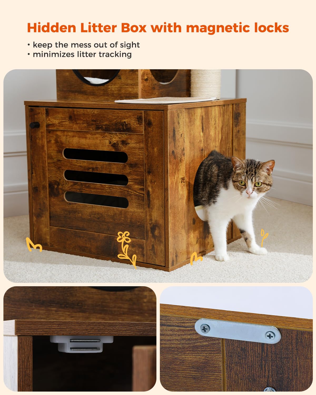 Premium MUTTORS Cat Tree Floor to Ceiling - Adjustable Height 90.6-110.2 Inch Cat Tower with 6 Tiers, Scratching Post & Litter Box Enclosure - Modern Rustic Brown Cat Condo for Indoor Cats - Perfect for Small Spaces & Multi-Cat Homes