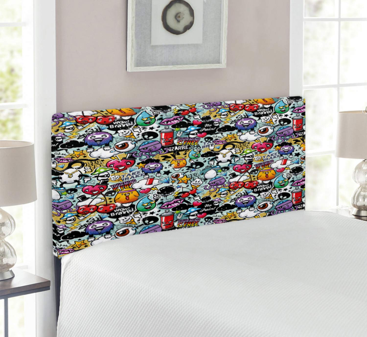Lunarable Cartoon Headboard - Vibrant Graffiti Creatures & Spray Tanks Design, Upholstered Metal Bed Headboard with Memory Foam, Twin Size, Multicolor - Perfect for Kids' Bedrooms & Teen Dorm Decor