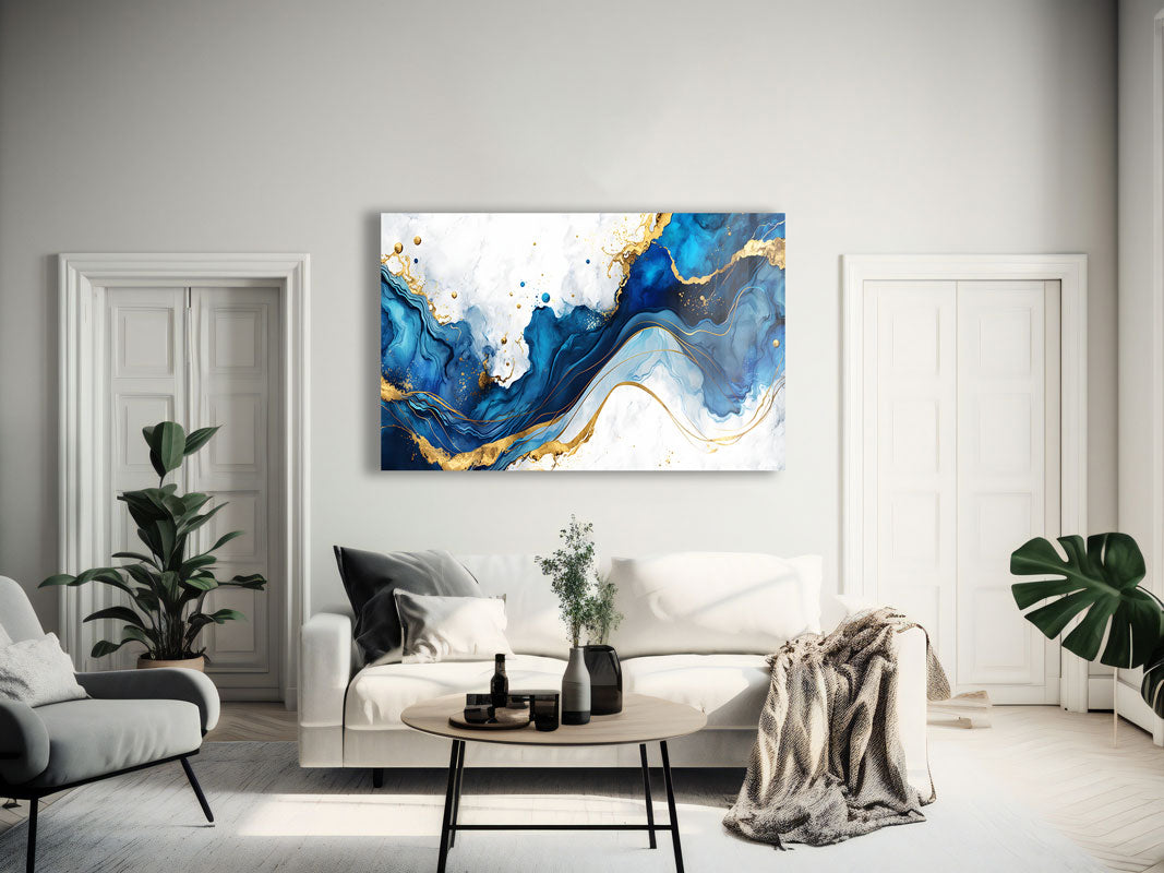White & Blue Abstract Wall Art - Modern Canvas Painting for Living Room, Bedroom & Office Decor | Perfect for Home & Office Interior Design