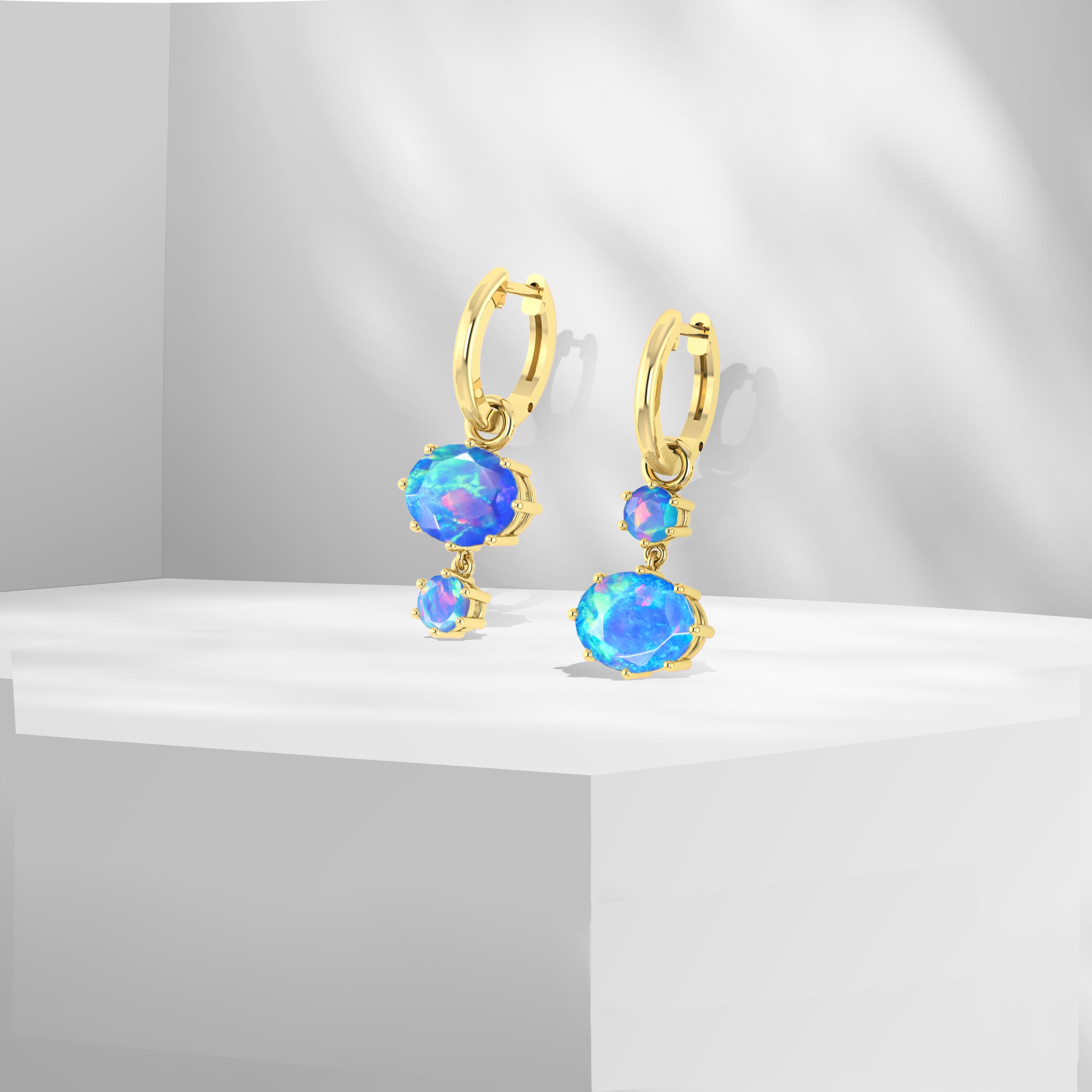 White Fire Opal Dual Round Stone Hoop Earrings for Women | Sterling Silver Dangle Jewelry | Perfect for Parties, Weddings & Everyday Wear