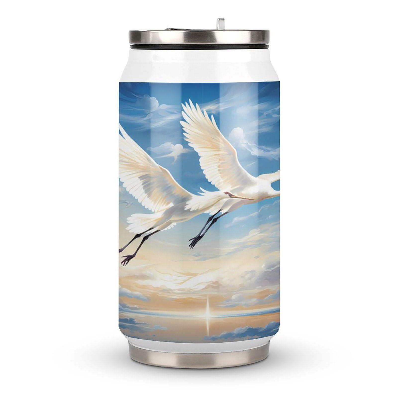 Stainless Steel Insulated Tumbler with Flip Lid - Cranes Birds Flying Sky Travel Design - Hot/Cold Coffee Mug for Home, Office & Outdoor Use - Perfect for Camping, Commuting and Gifts