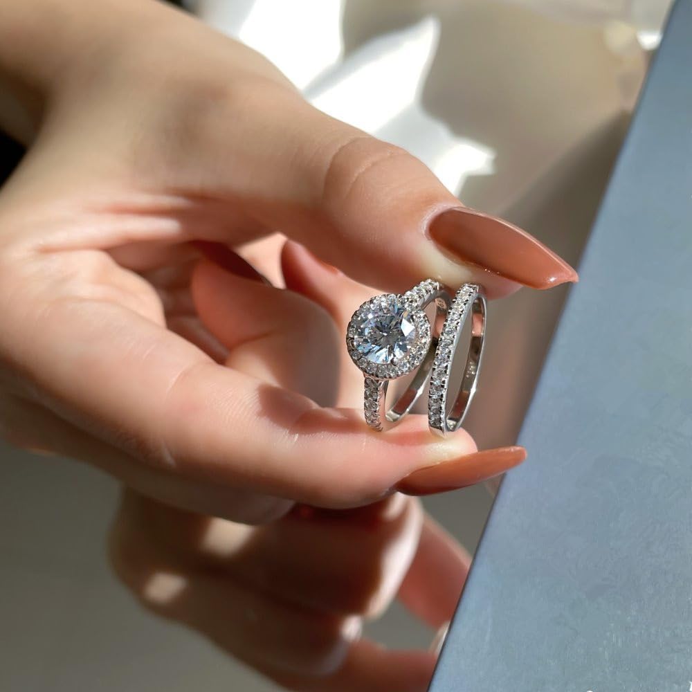 1 Carat Moissanite Engagement & Wedding Ring Set for Women - Platinum Plated Silver Bridal Set, Anniversary Promise Rings - Perfect for Proposals, Weddings & Special Occasions