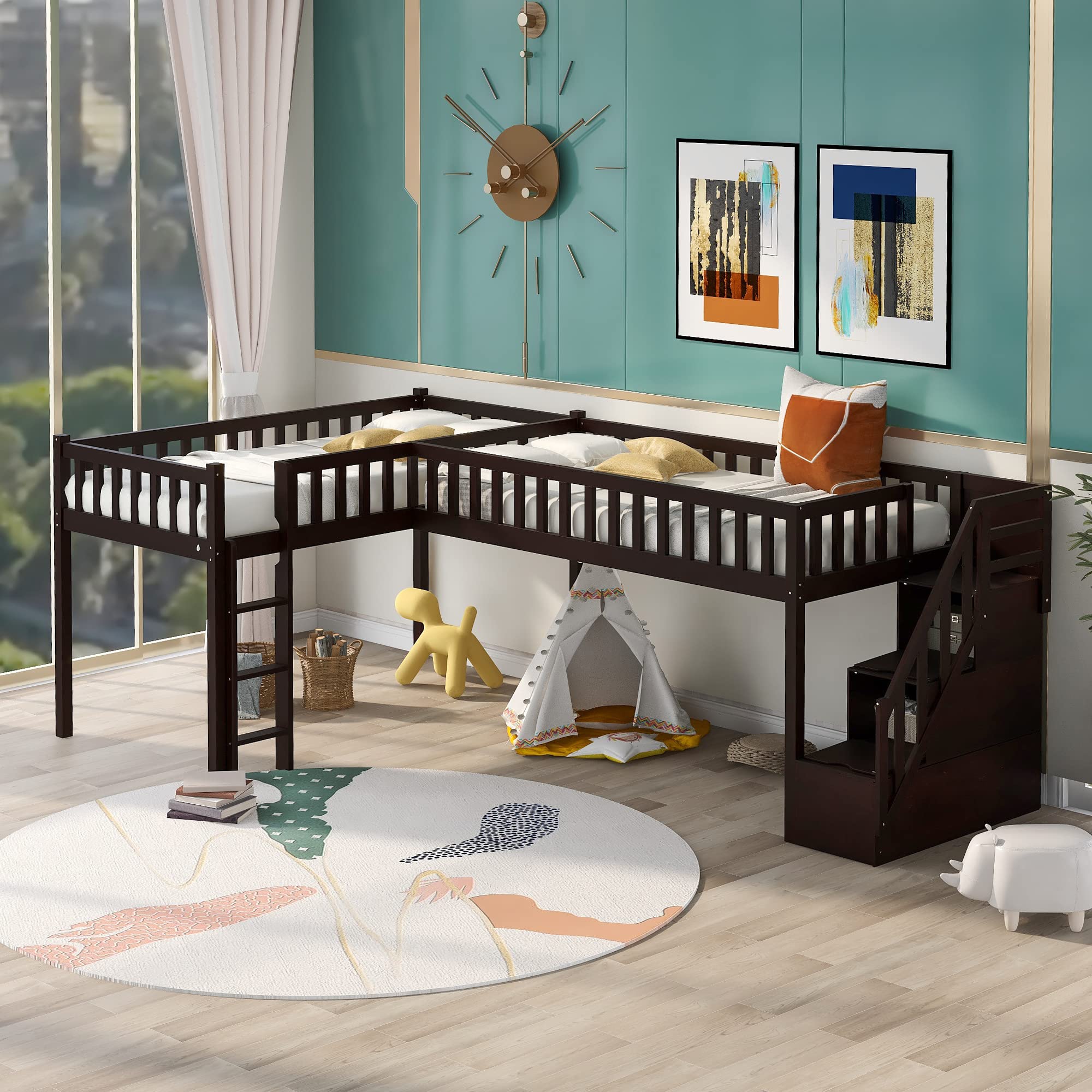 L-Shaped Twin Loft Bunk Bed with 2 Storage Staircases & Ladder - Space-Saving Kids Bedroom Furniture for Teens, Boys & Girls - Perfect for Small Rooms, Dormitories & Shared Bedrooms