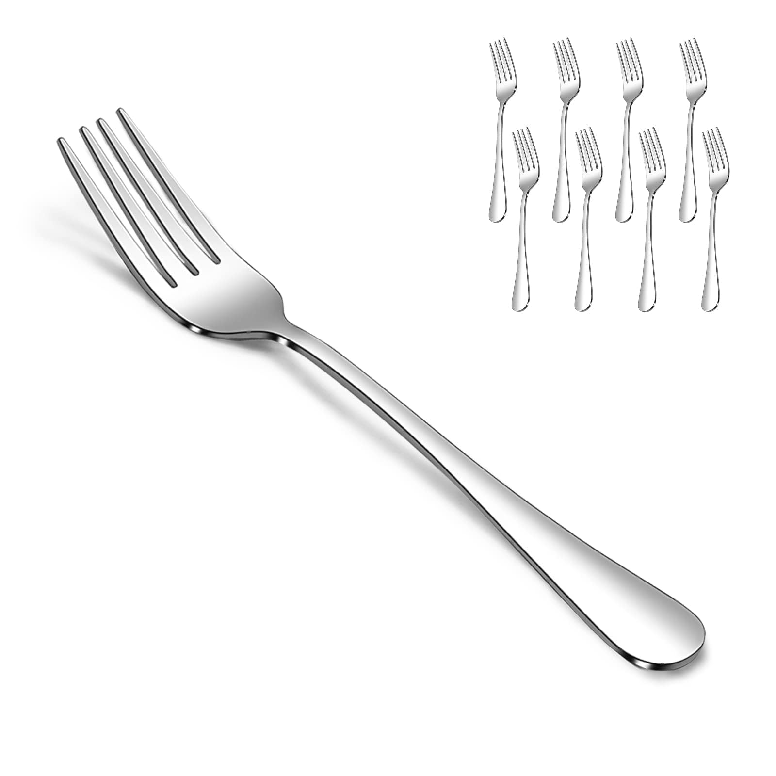SANTUO 8-Piece Stainless Steel Salad Forks Set - Mirror Polished Long Handle Dinner Flatware for Home, Restaurant & Camping | Dishwasher Safe Silver Cutlery (7.3 Inch) - Perfect for Dinner Parties, Picnics & Outdoor Dining