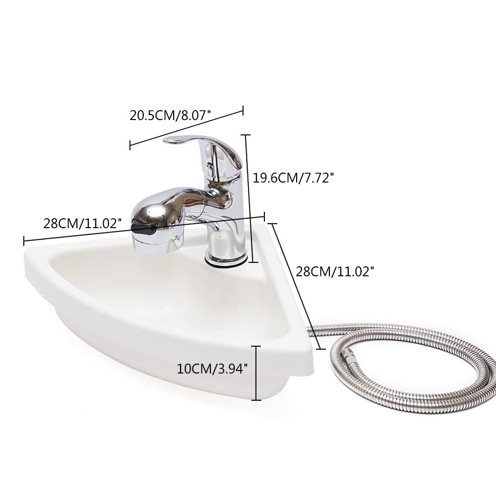 White Acrylic Triangular Corner Sink for RV, Boat & Caravan - Single Bowl Kitchen & Bathroom Sink with Faucet | Space-Saving Small Wash Basin for Compact Spaces, Tiny Homes & Campers