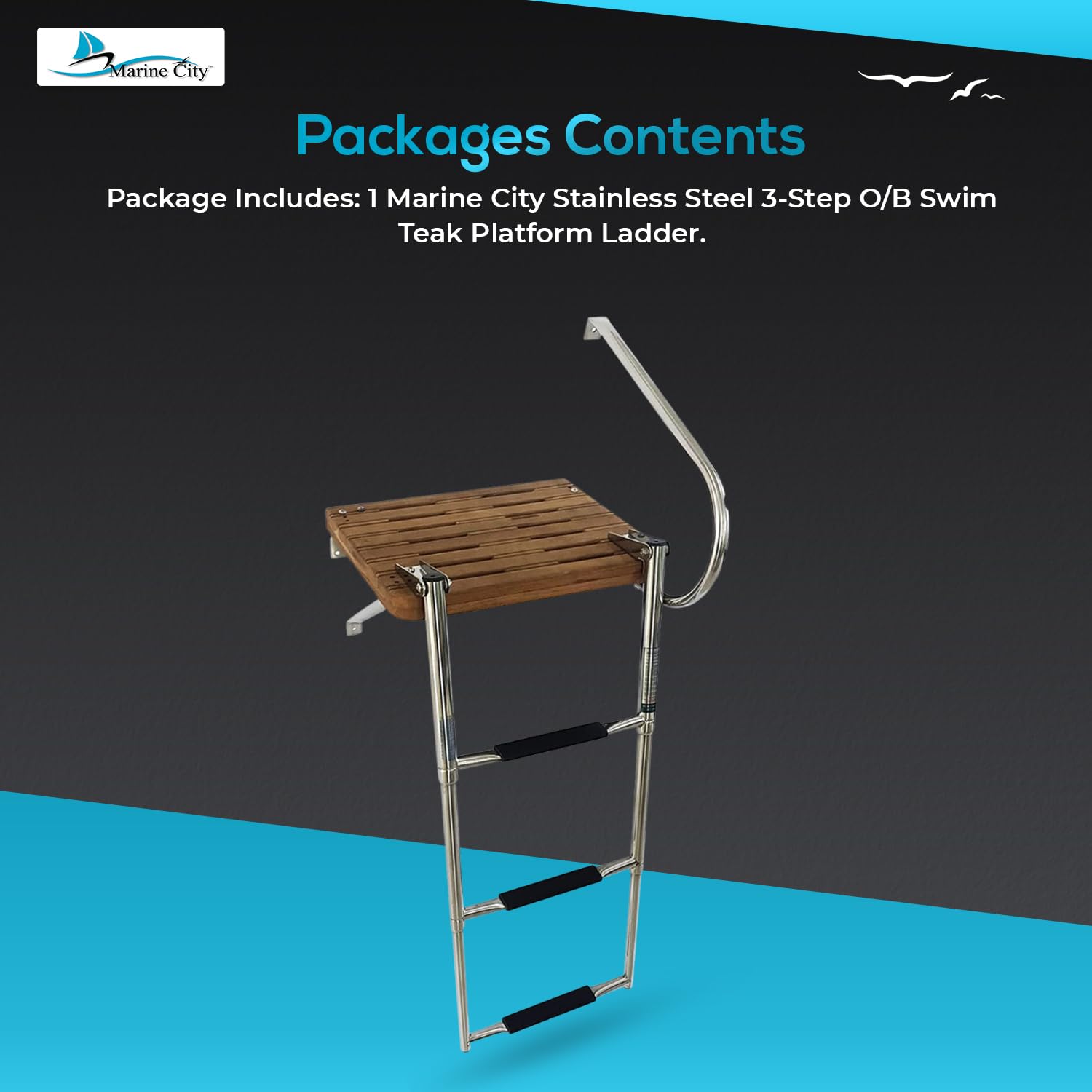 MARINE CITY Stainless Steel Swim Teak Platform Boat Ladder - Corrosion Resistant Marine Ladder for Boats, Ships & Yachts | Low Maintenance Design | Perfect for Swimming, Boarding & Water Sports Activities