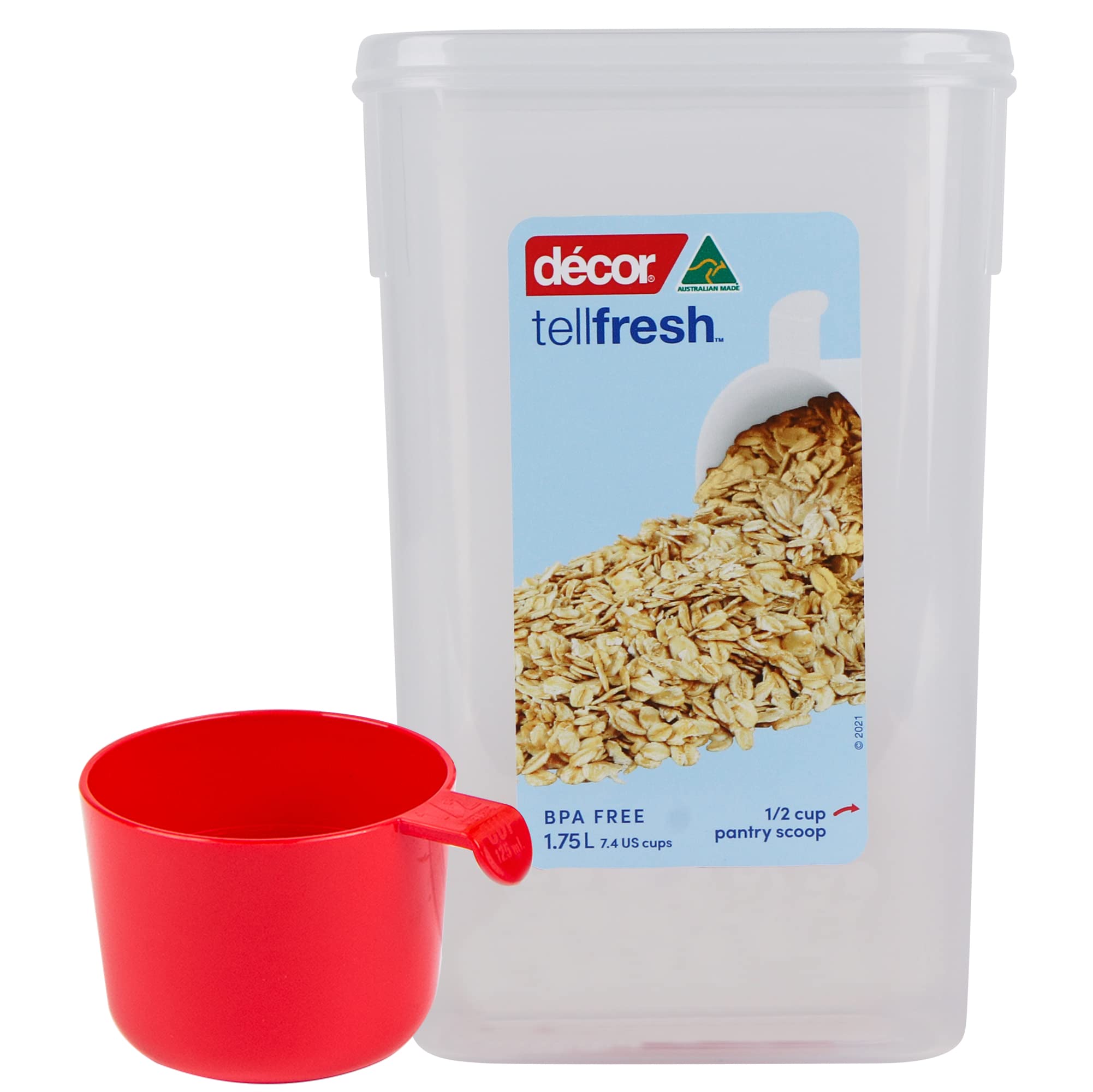 Tellfresh Tall Storage Container with Pantry Scoop - 1.75L Large Airtight Food Storage Bin for Flour, Sugar, Rice | Practical Stackable Kitchen Organization | Perfect for Pantry, Baking & Meal Prep