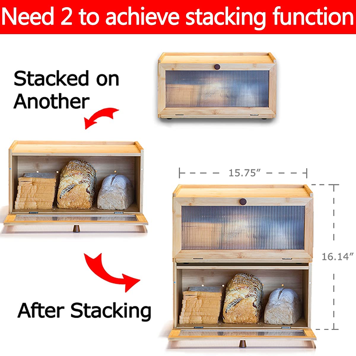 AINILE Bamboo Bread Box - Wooden Bread Storage Container with Stylish Design (40 x 25 x 20 CM) - Perfect for Kitchen Countertop, Pantry Organization & Fresh Bread Preservation