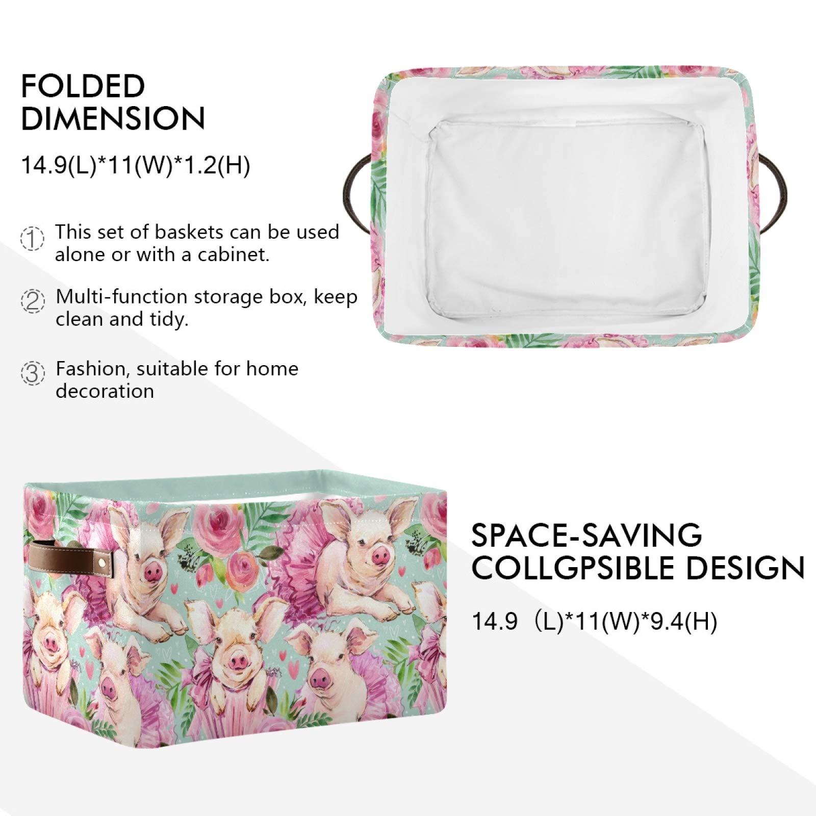 Waterproof Collapsible Storage Basket with PU Handles - Cute Pig Design Organizer for Nursery, Laundry & Home Organization (2-Pack) | Perfect for Baby Rooms, Closet Storage & Toy Organization