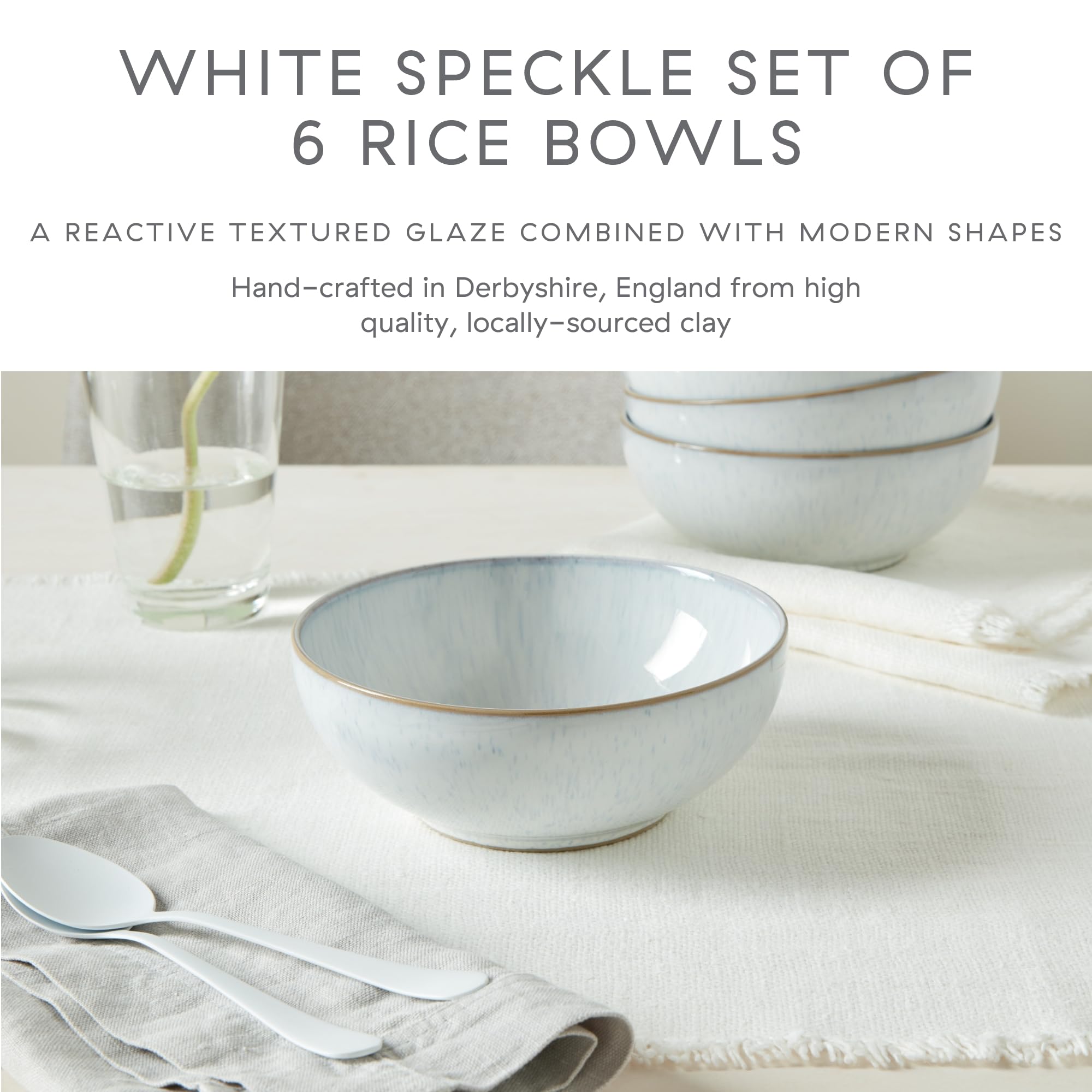 Denby White Speckle Rice Bowls Set of 6 - 16.2oz Ceramic Stoneware Bowls | Microwave & Dishwasher Safe | Chip & Scratch Resistant | Reactive White Glaze | Perfect for Oats, Cereal, Noodles, Soups & Asian Cuisine | Elegant Tableware for Everyday Meals & Dinner Parties