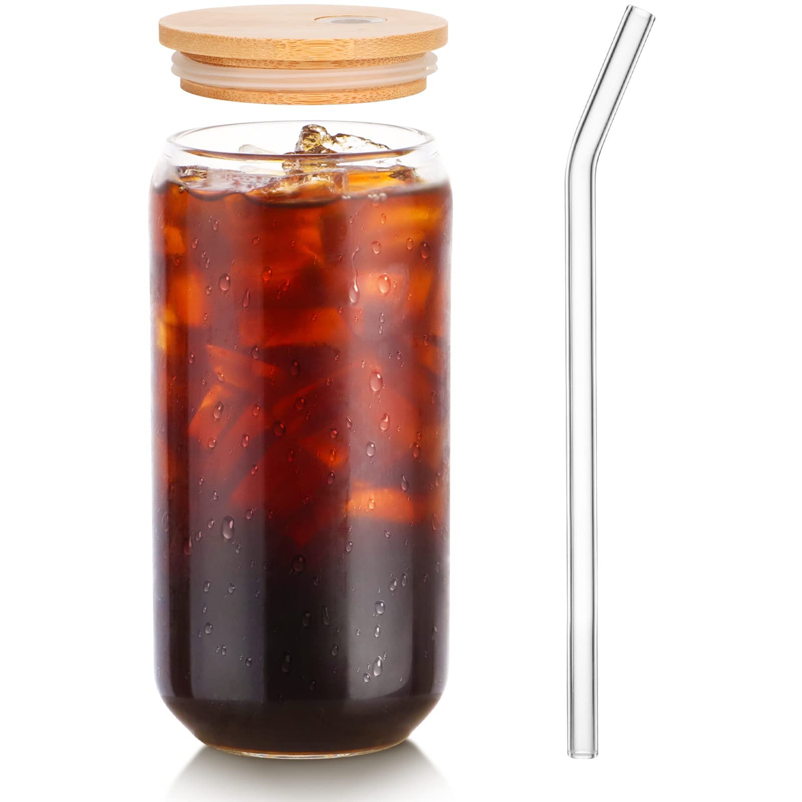 16oz Glass Cup with Bamboo Lid & Straw - Reusable Drinking Glass for Mojito, Soda, Smoothies, Whiskey, Iced Coffee, Cocktails & Tea - Perfect for Home, Office, Parties & Outdoor Use
