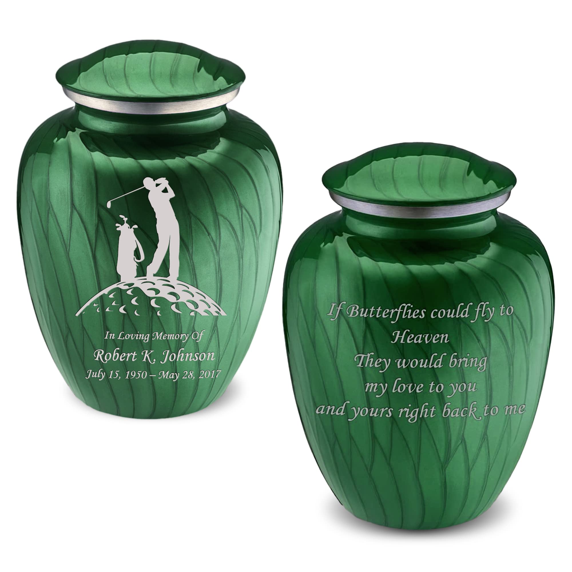 Personalized Golf Cremation Urn for Ashes - Large Pearl Green Funeral Urn for Men & Women with Double-Side Engraving (Holds 200 lbs) - Perfect for Memorials, Golf Enthusiasts & Funeral Services
