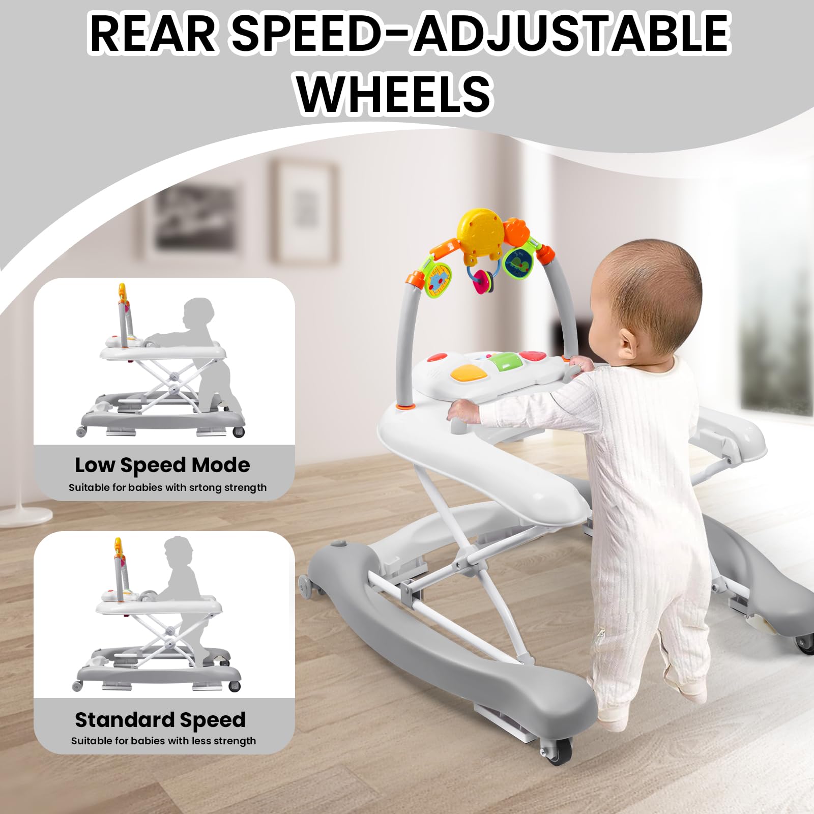 5-in-1 Baby Walker for Boys & Girls 6-18 Months - Adjustable Foldable Activity Walker with Bouncer, Removable Footrest, Feeding Tray & Music Toys - Perfect for Learning to Walk, Playtime & Mealtime at Home or Daycare