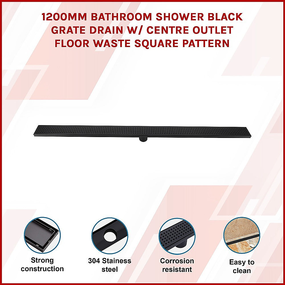1200mm Black Square Pattern Bathroom Shower Drain Grate with Center Outlet - Durable Floor Waste for Modern Bathrooms, Showers & Wet Rooms (Waterproof & Anti-Slip Design)