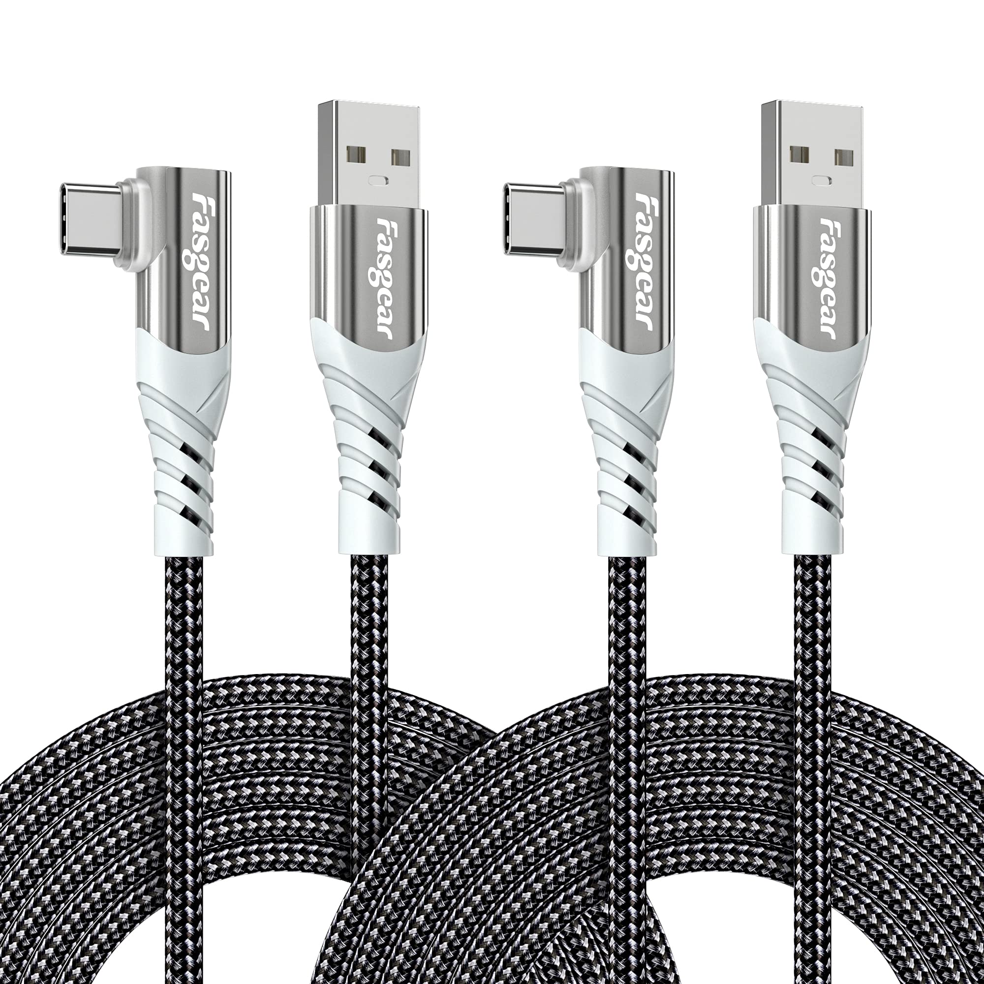 Fasgear 10ft USB C to USB A Cable 2 Pack - 3A Fast Charging Braided Cord, Right Angle Type C Charger for PS5 Controller, Samsung Galaxy S23/Note 10, Moto G, TCL 30 SE - Perfect for Gaming, Travel & Home Charging