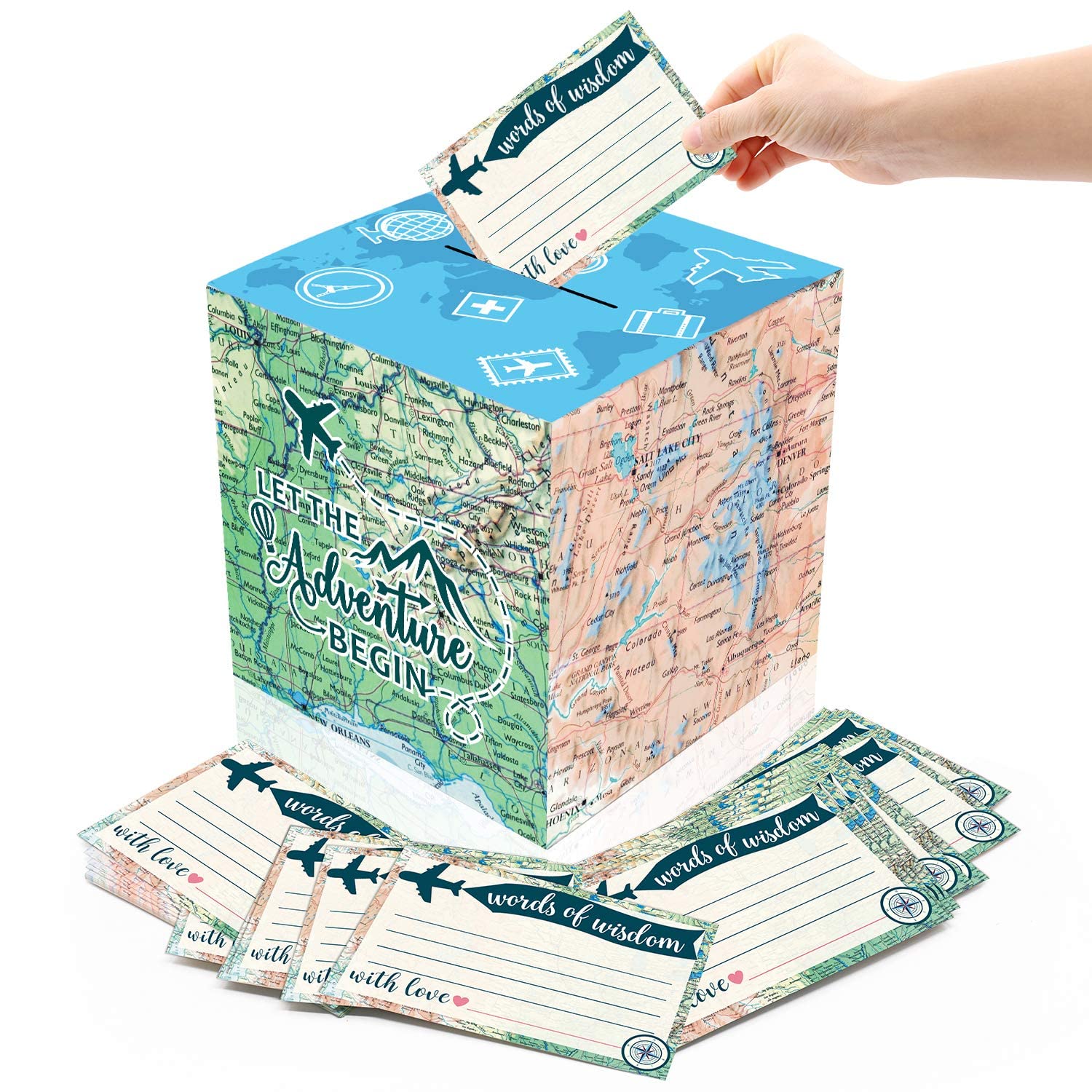 51PCS Adventure Card Box Holder & Advice Cards Set - Travel Themed Party Decor for Bon Voyage, Farewell, Birthday, Graduation, Retirement & Career Change Celebrations - Perfect for Travel Lovers & Adventure Seekers
