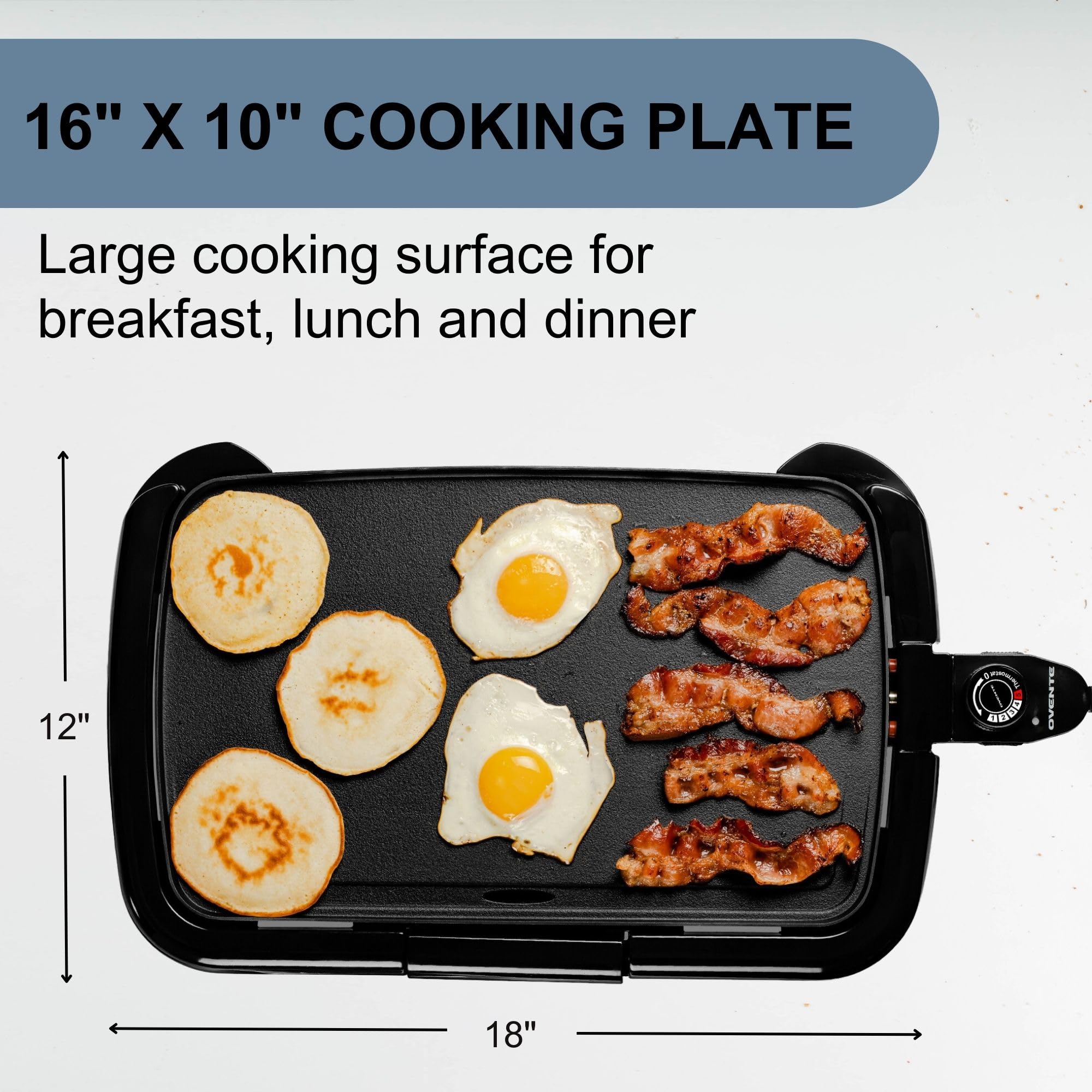 OVENTE Electric Griddle 16x10 Inch Non-Stick Indoor Grill with Adjustable Thermostat - Perfect for Pancakes, Burgers, Eggs & Breakfast Cooking - Black GD1610B - Ideal for Home Kitchens, Dorms & Small Spaces