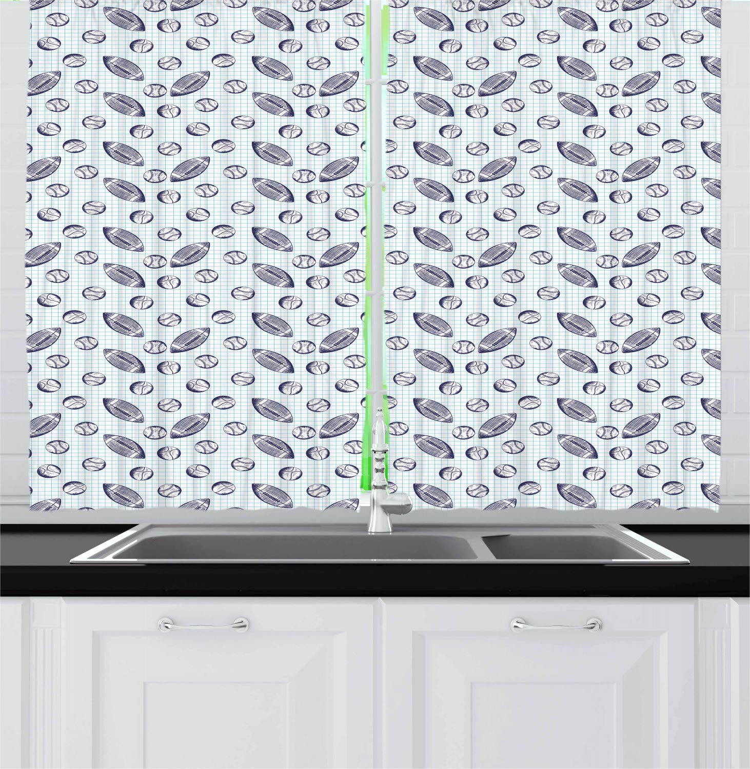 Ambesonne Baseball Kitchen Curtains - Pigskin & Baseballs Checkered Design, 2 Panel Set for Windows, 55 x 39 Inches, Indigo & Pale Blue - Perfect for Kitchen, Cafe, Sports Bar & Baseball Fan Room Decor