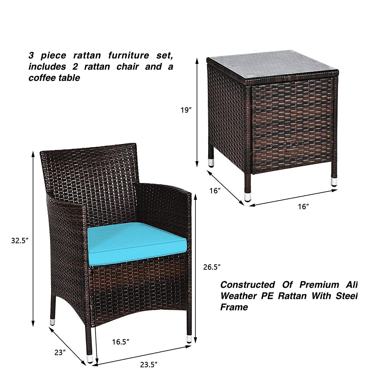 3-Piece Outdoor Patio Furniture Set with 2 Rattan Chairs & 1 Tempered Glass Coffee Table - Blue Soft Cushions for Backyard, Deck, Balcony, Poolside - Perfect for Relaxing, Entertaining & Outdoor Living Spaces